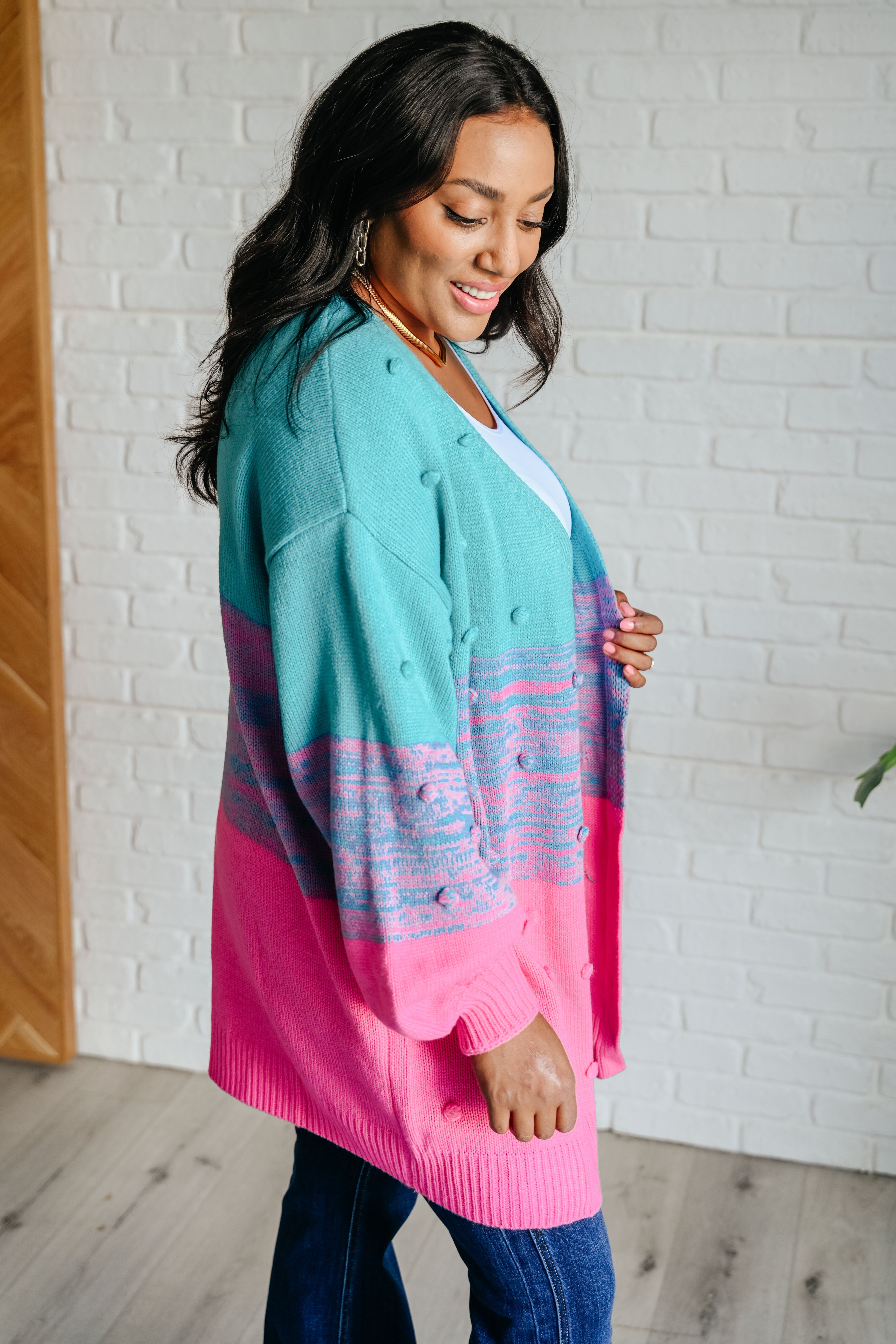 BiBi Pink and Teal When We're Grooving Open Front Cardigan Layers