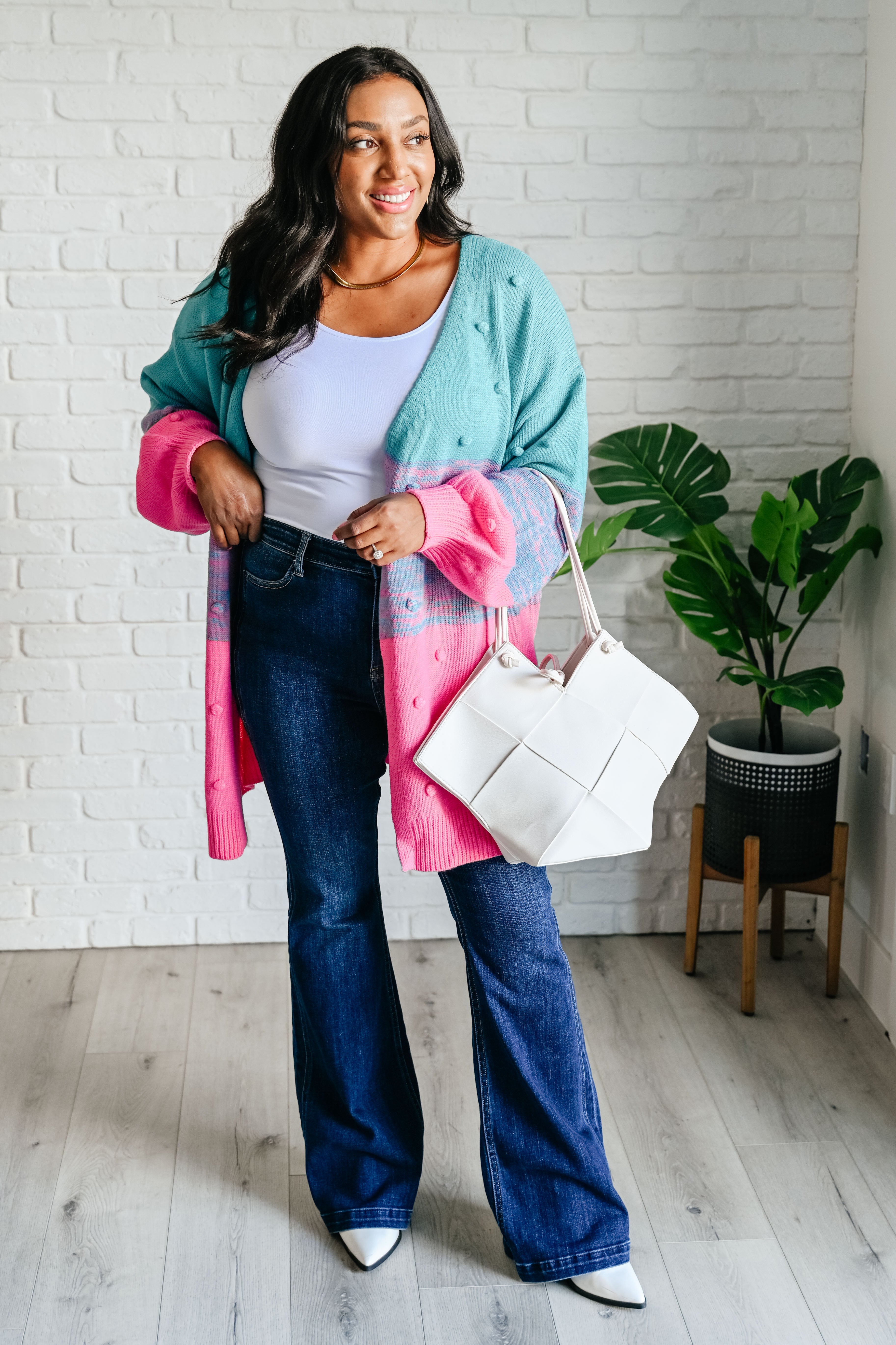 BiBi Pink and Teal When We're Grooving Open Front Cardigan Layers