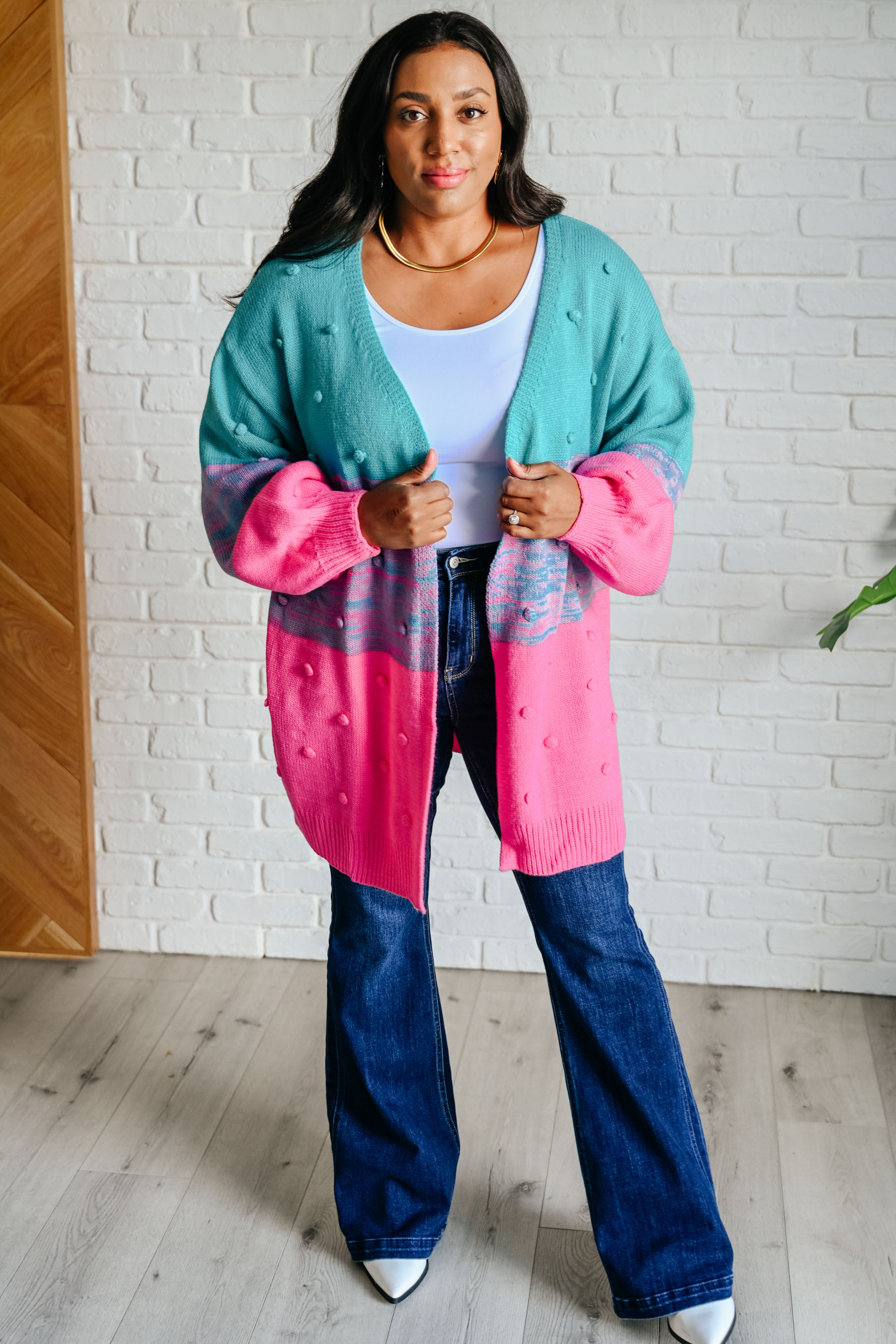 BiBi Pink and Teal When We're Grooving Open Front Cardigan Layers