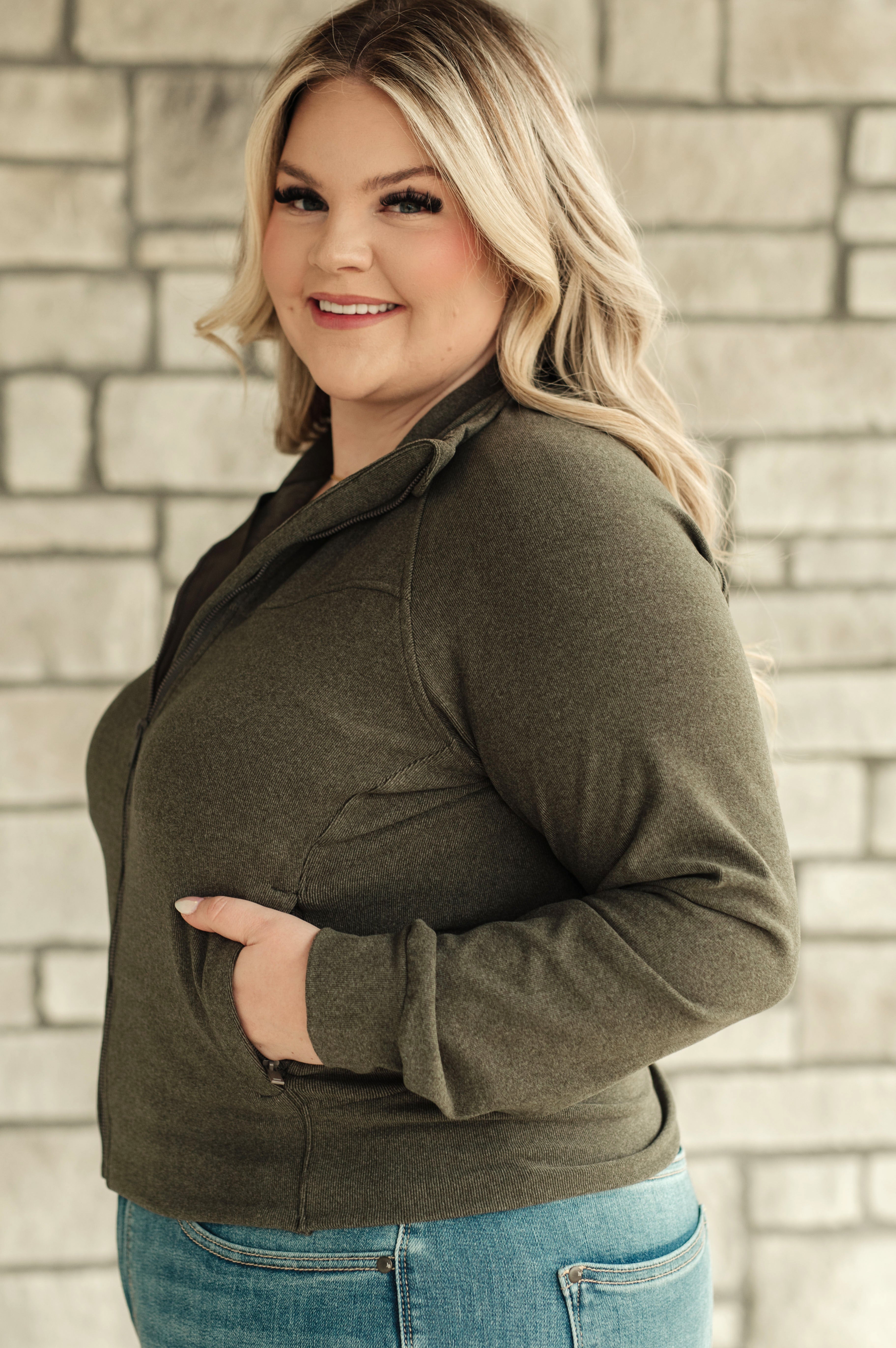 Rae Mode Where Are You Zip Up Jacket in Olive Layers