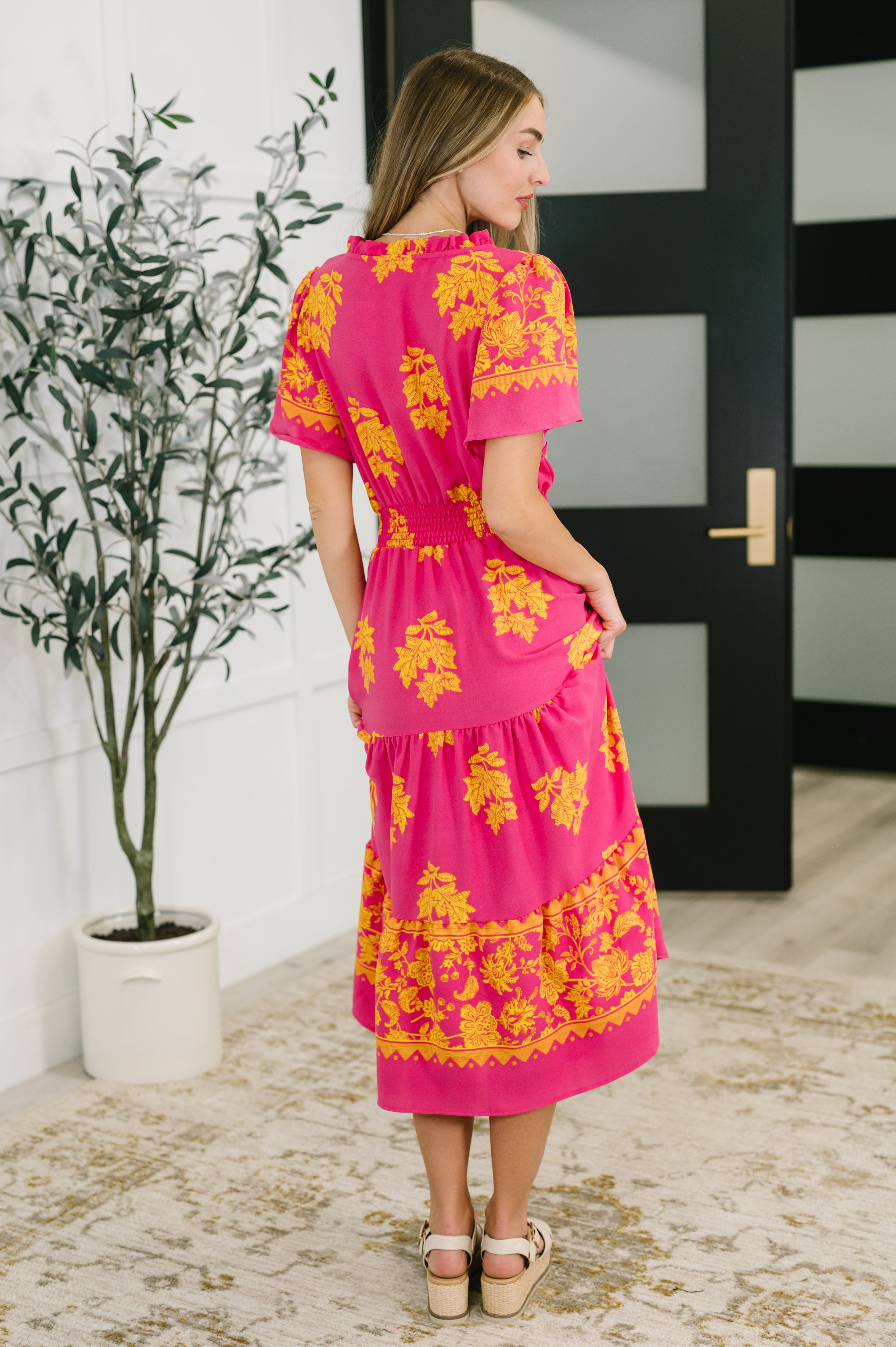 Haptics Whispering Willow V-Neck Dress in Fuchsia Womens