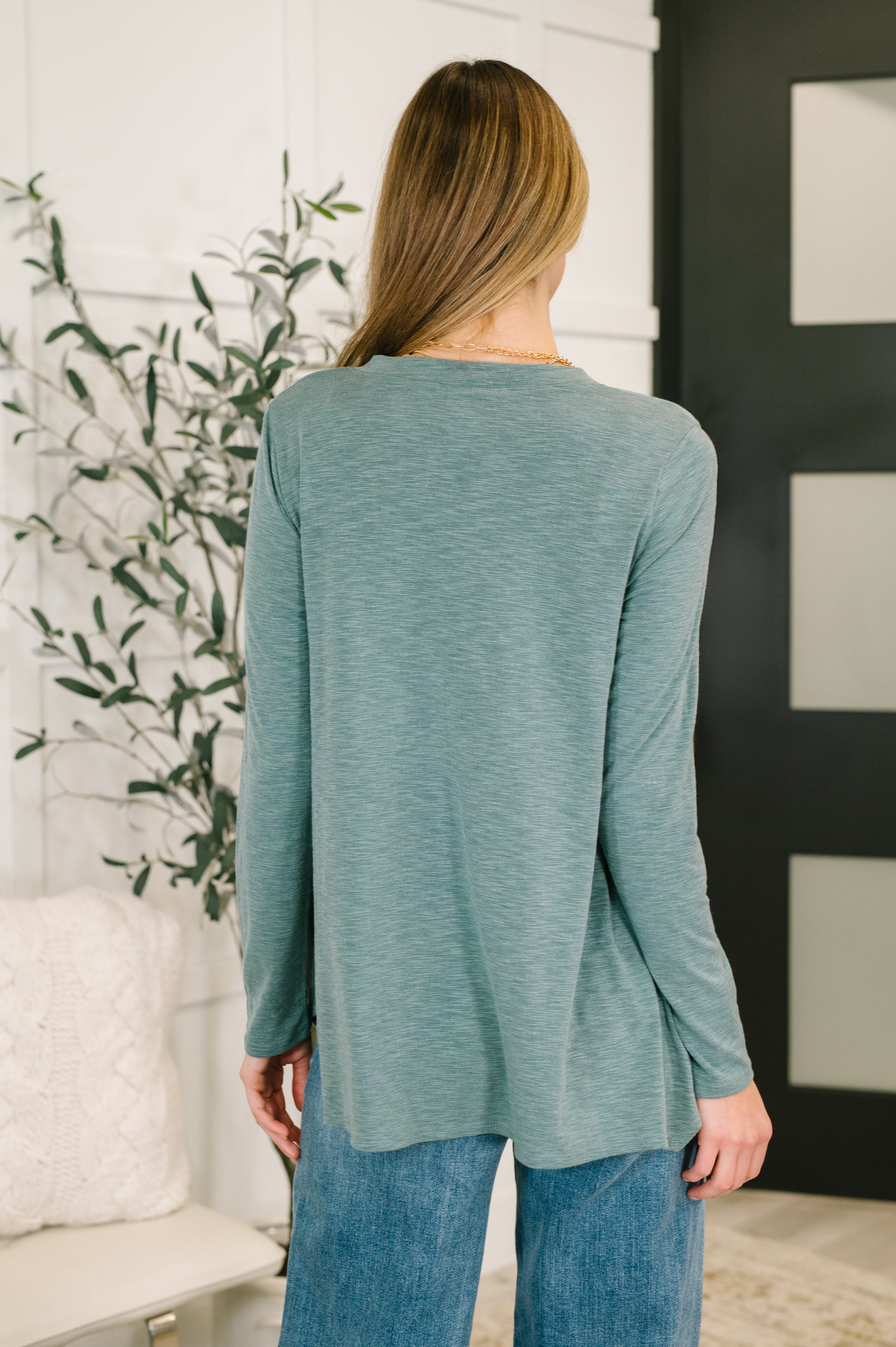 Emerald Wind off the Sea V-Neck Relaxed Jersey Knit Top Womens