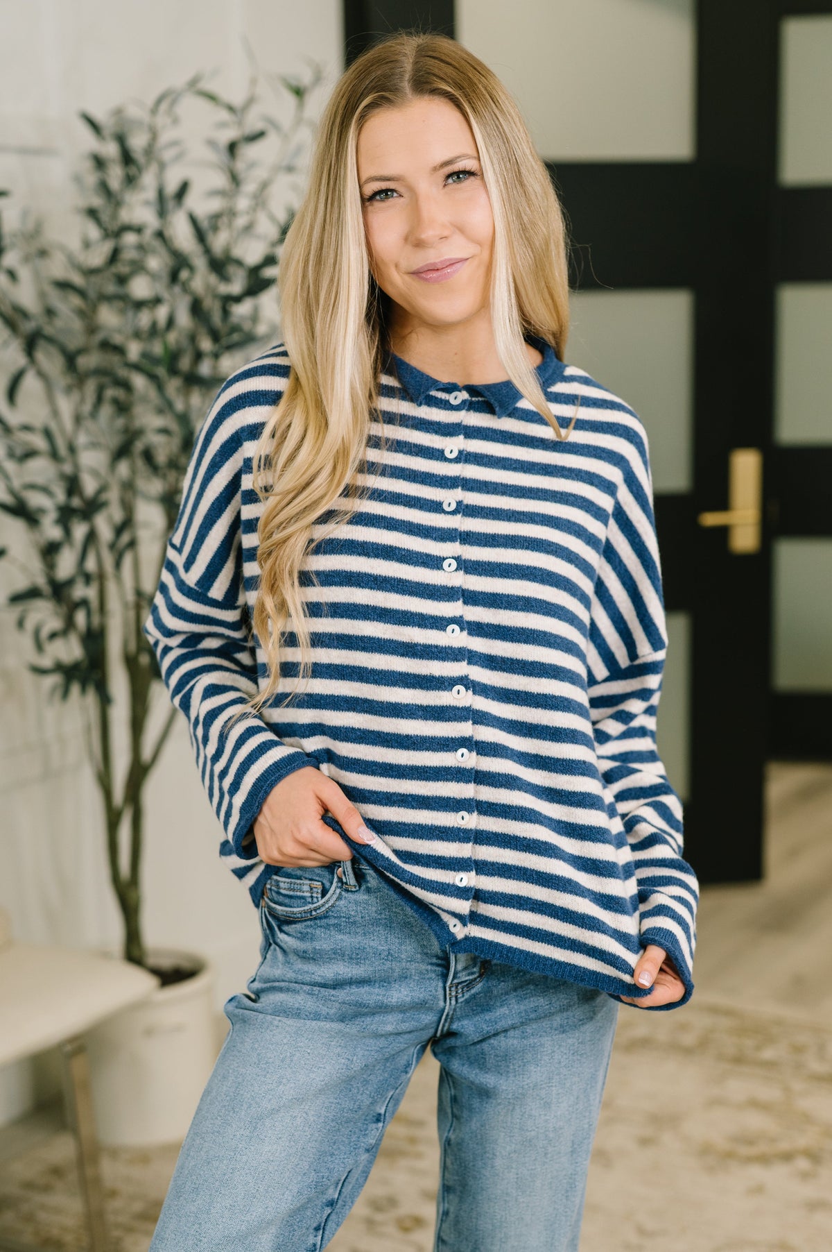 Zenana Won't Be Long Collared Sweater Button Down in Navy Womens