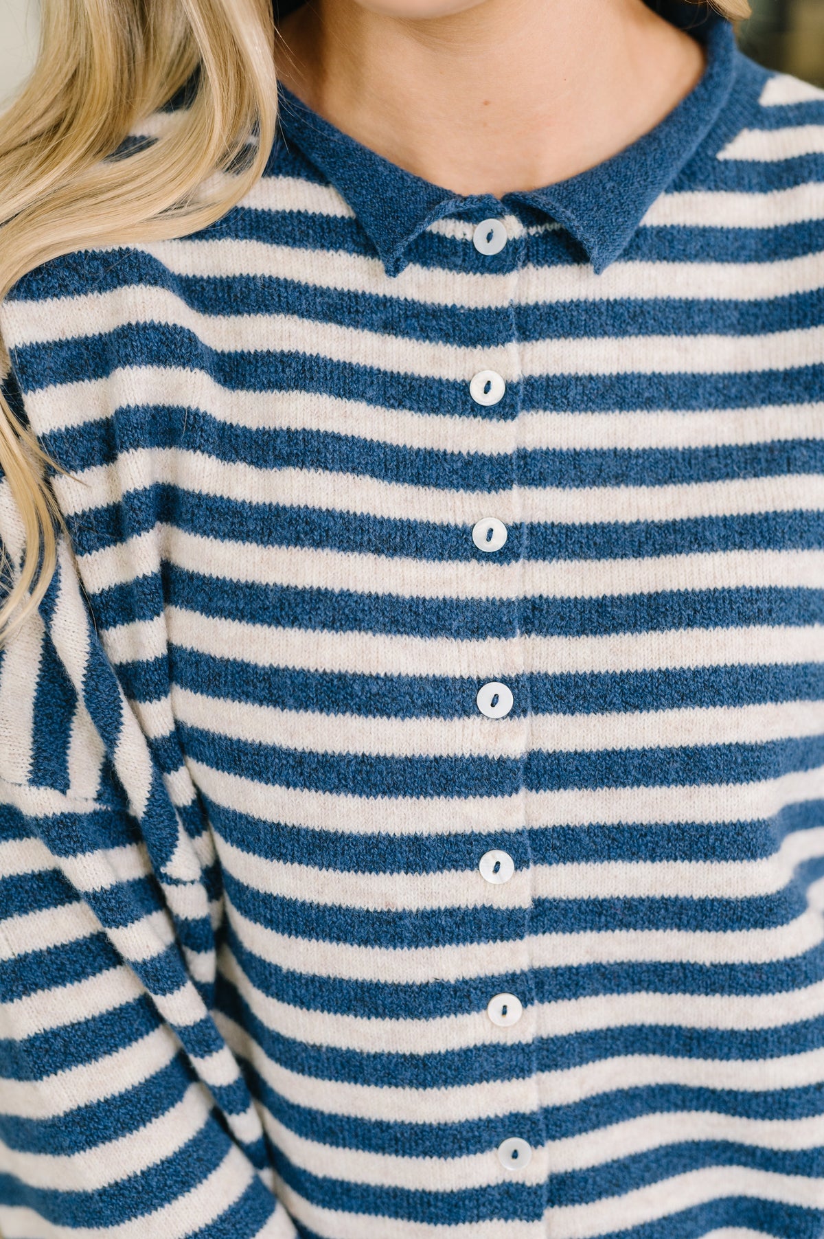 Zenana Won't Be Long Collared Sweater Button Down in Navy Womens