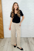 Cozy Co Working on Lounging Polka Dot Plisse Elastic Waist Bottoms in Khaki Womens