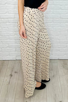 Cozy Co Working on Lounging Polka Dot Plisse Elastic Waist Bottoms in Khaki Womens