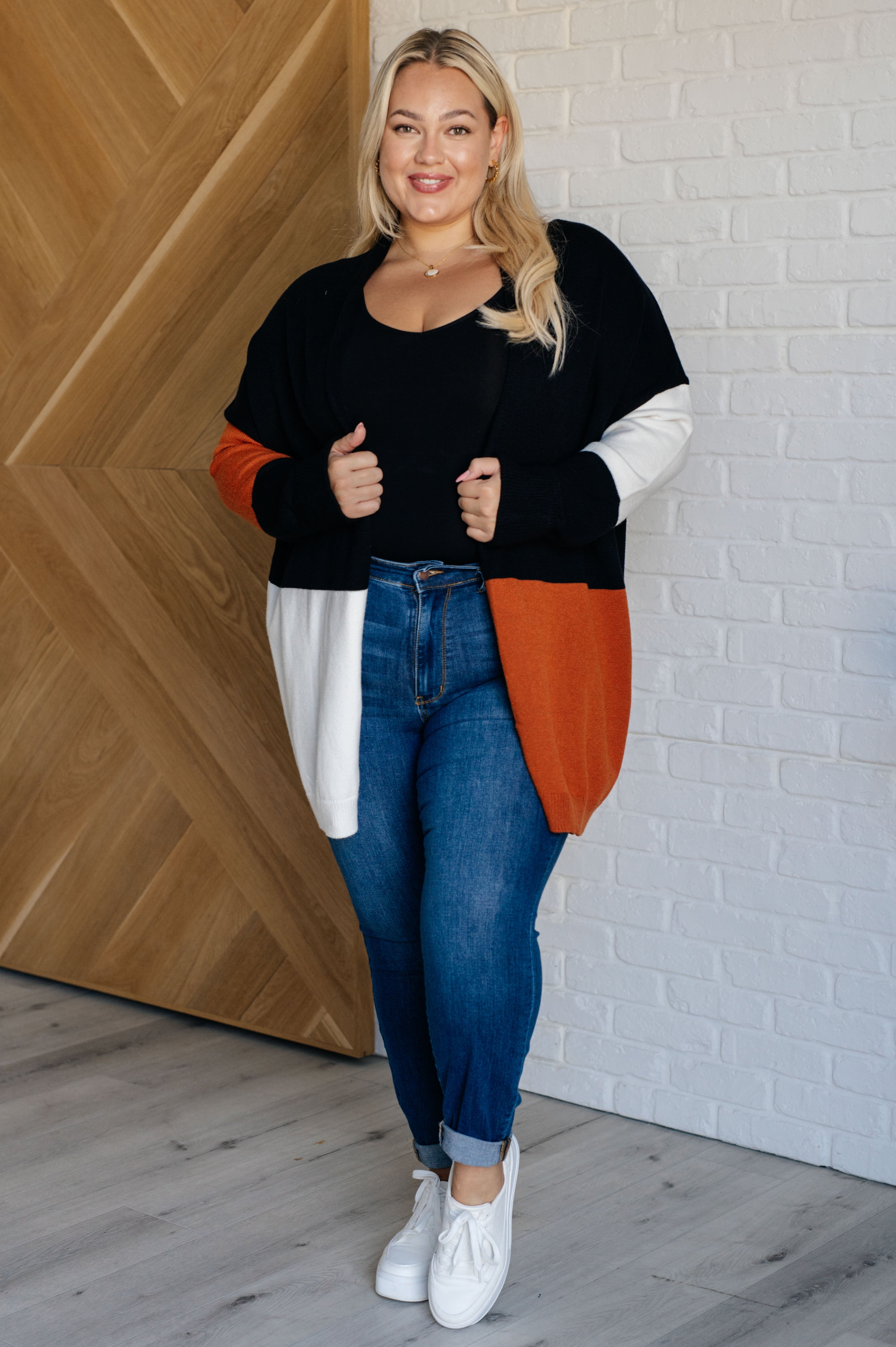 One Eleven North Writer's Block Color Block Open Front Cardigan With Shawl Neckline Layers