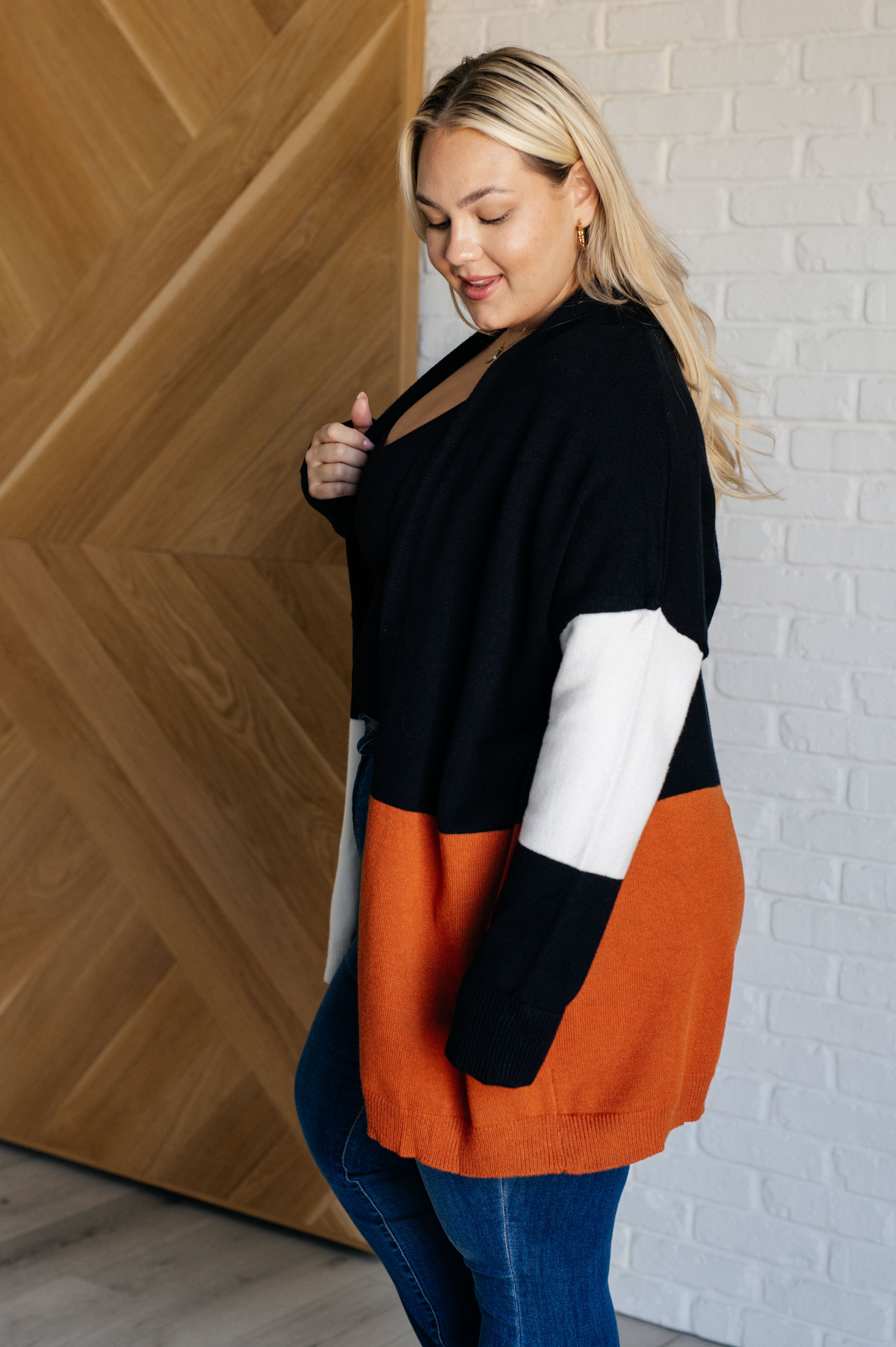 One Eleven North Writer's Block Color Block Open Front Cardigan With Shawl Neckline Layers