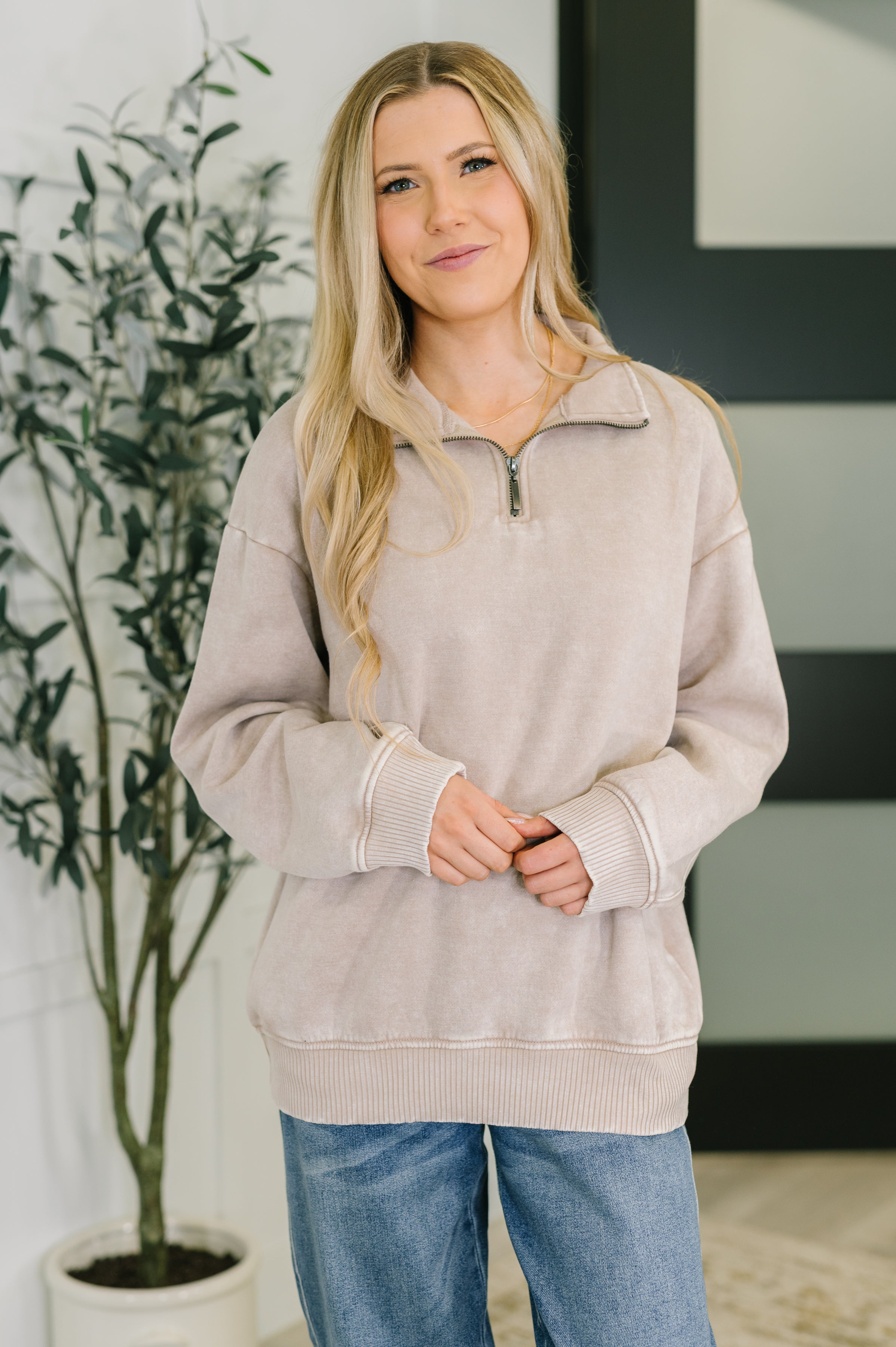 Zenana Washed You Should Know Half Zip Pullover in Ash Mocha Womens