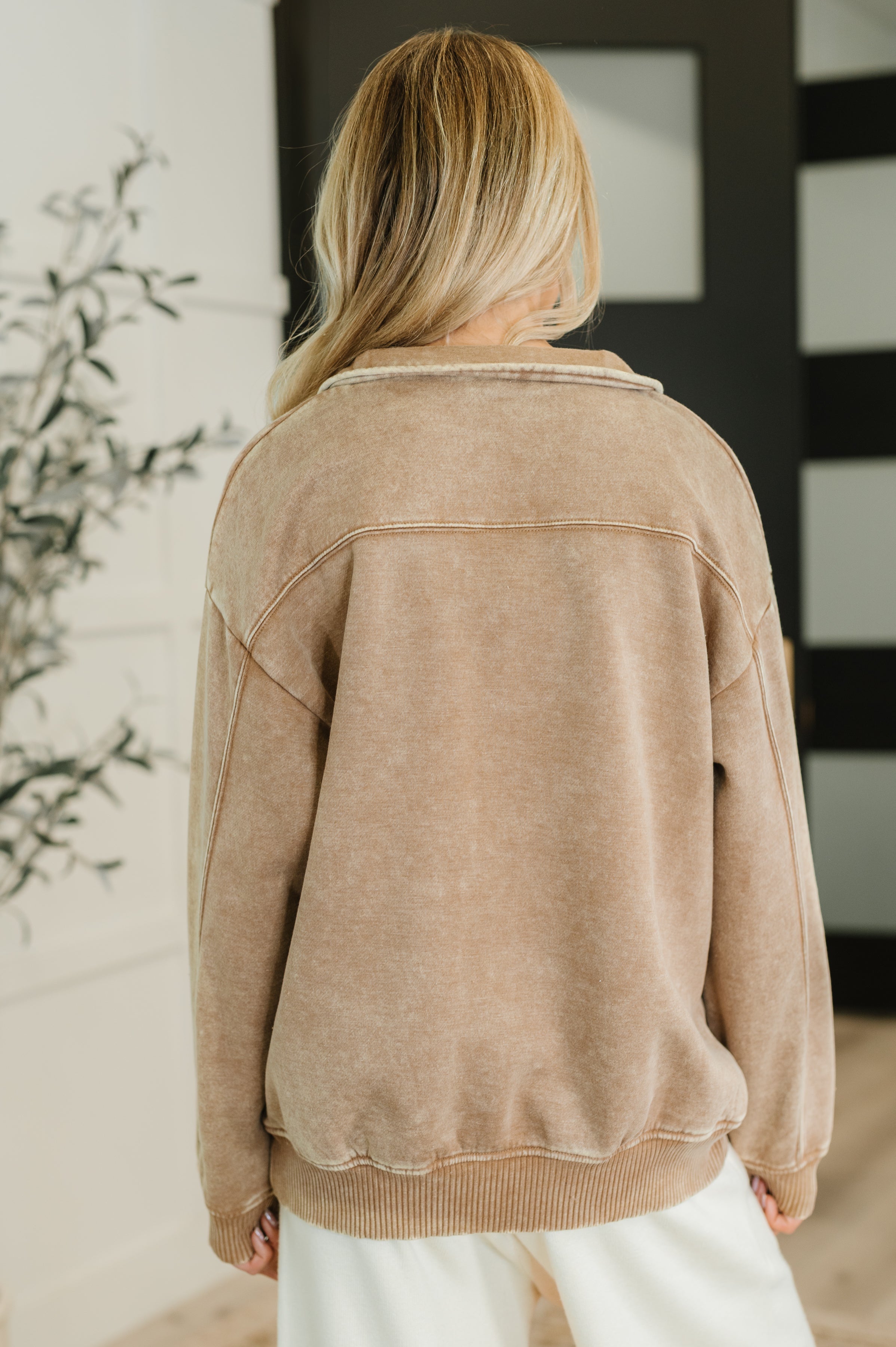 Zenana Washed You Should Know Half Zip Pullover in Deep Camel Womens