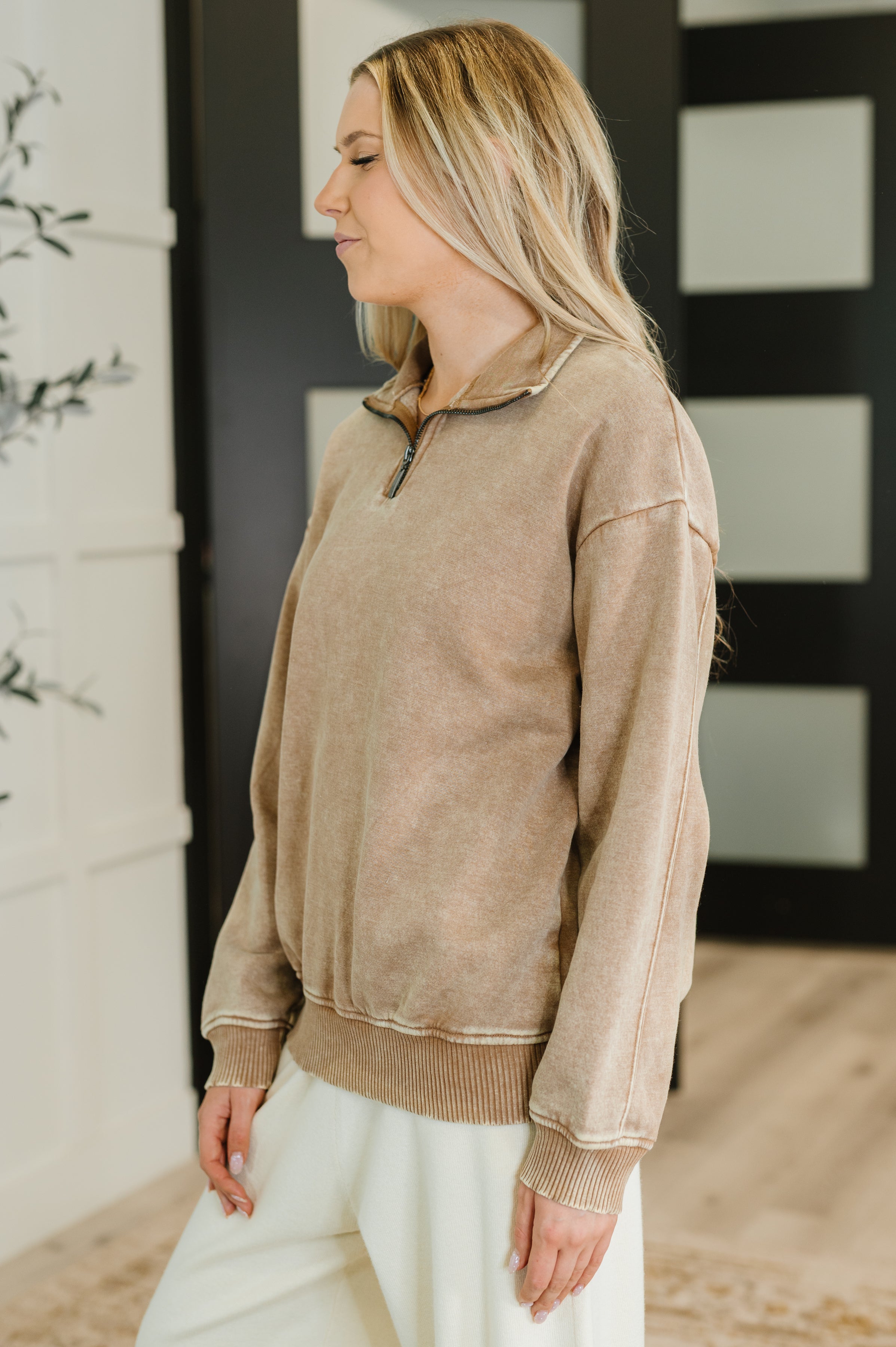 Zenana Washed You Should Know Half Zip Pullover in Deep Camel Womens