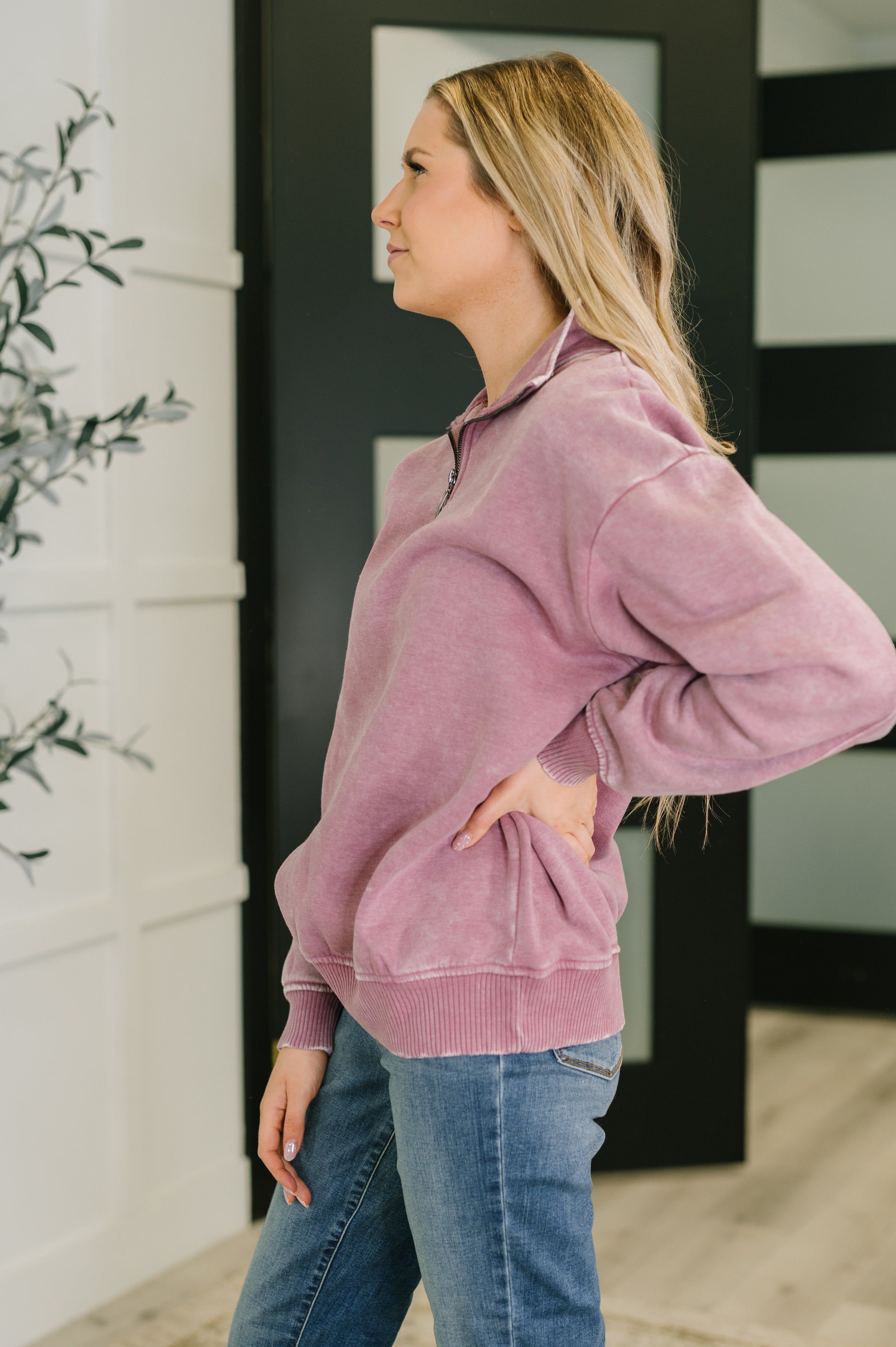 Zenana Washed You Should Know Half Zip Pullover in Light Rose Womens