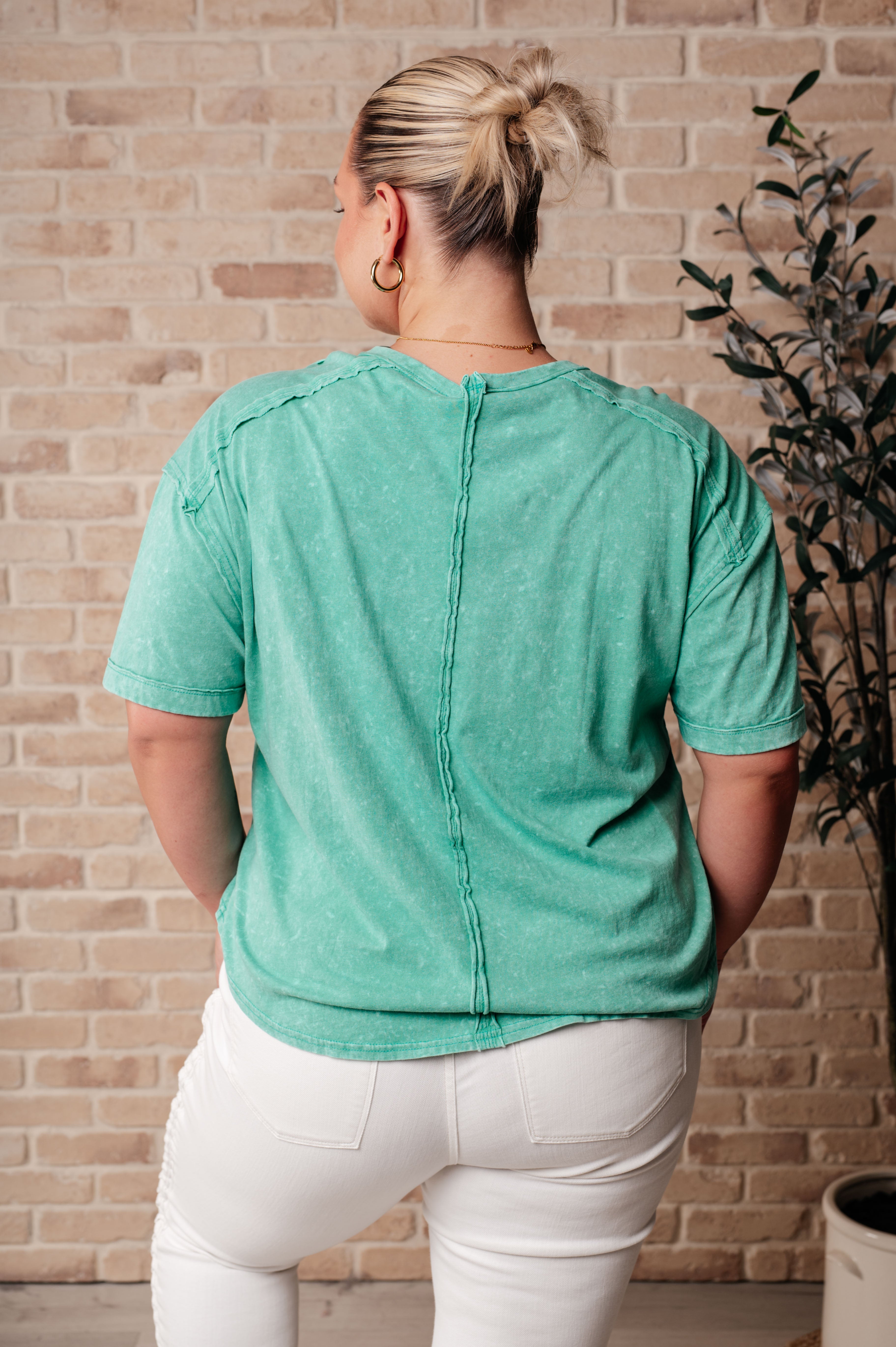 Very J You're No Fun Mineral Wash Top In Green Tops