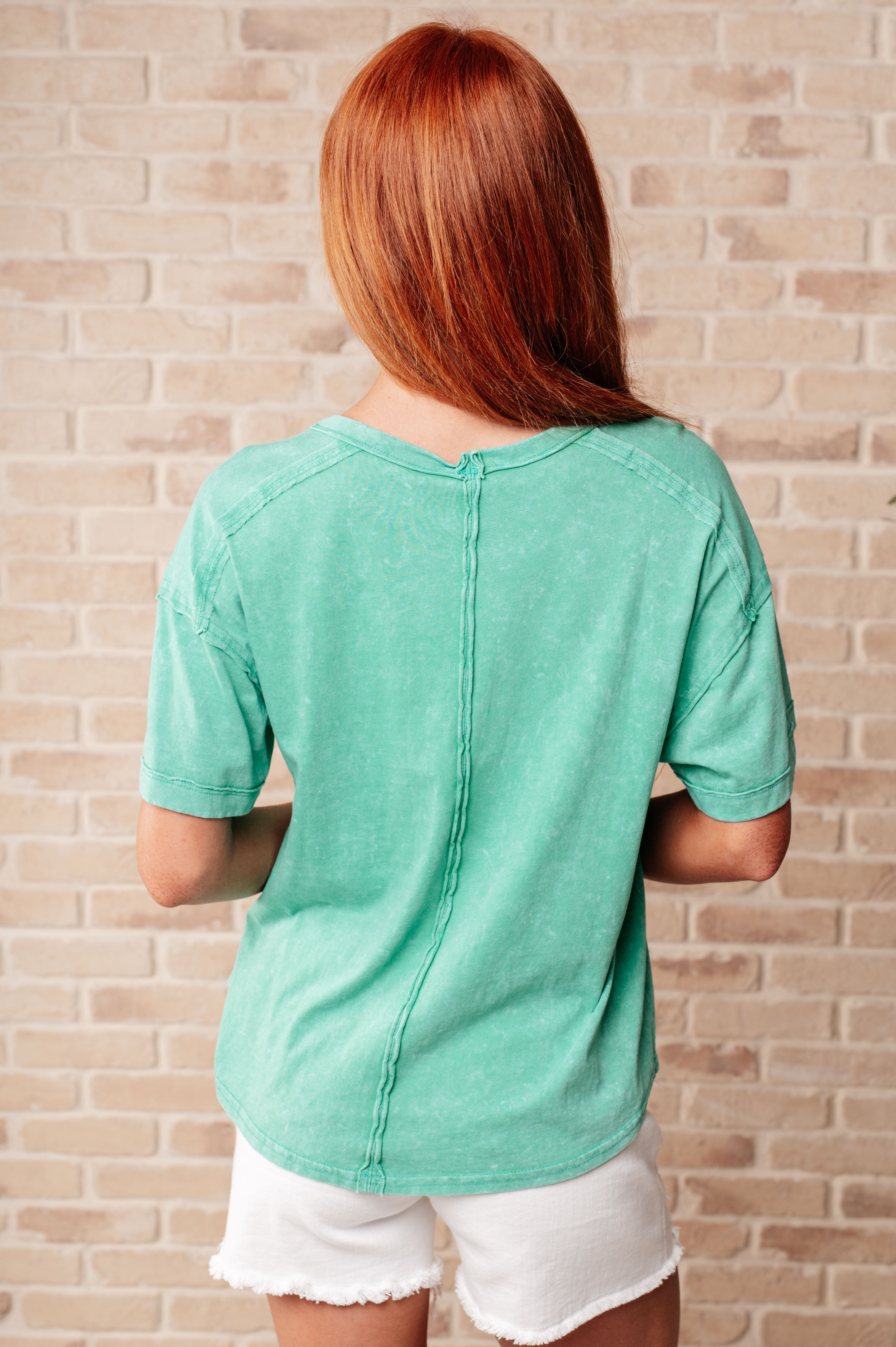 Very J You're No Fun Mineral Wash Top In Green Tops