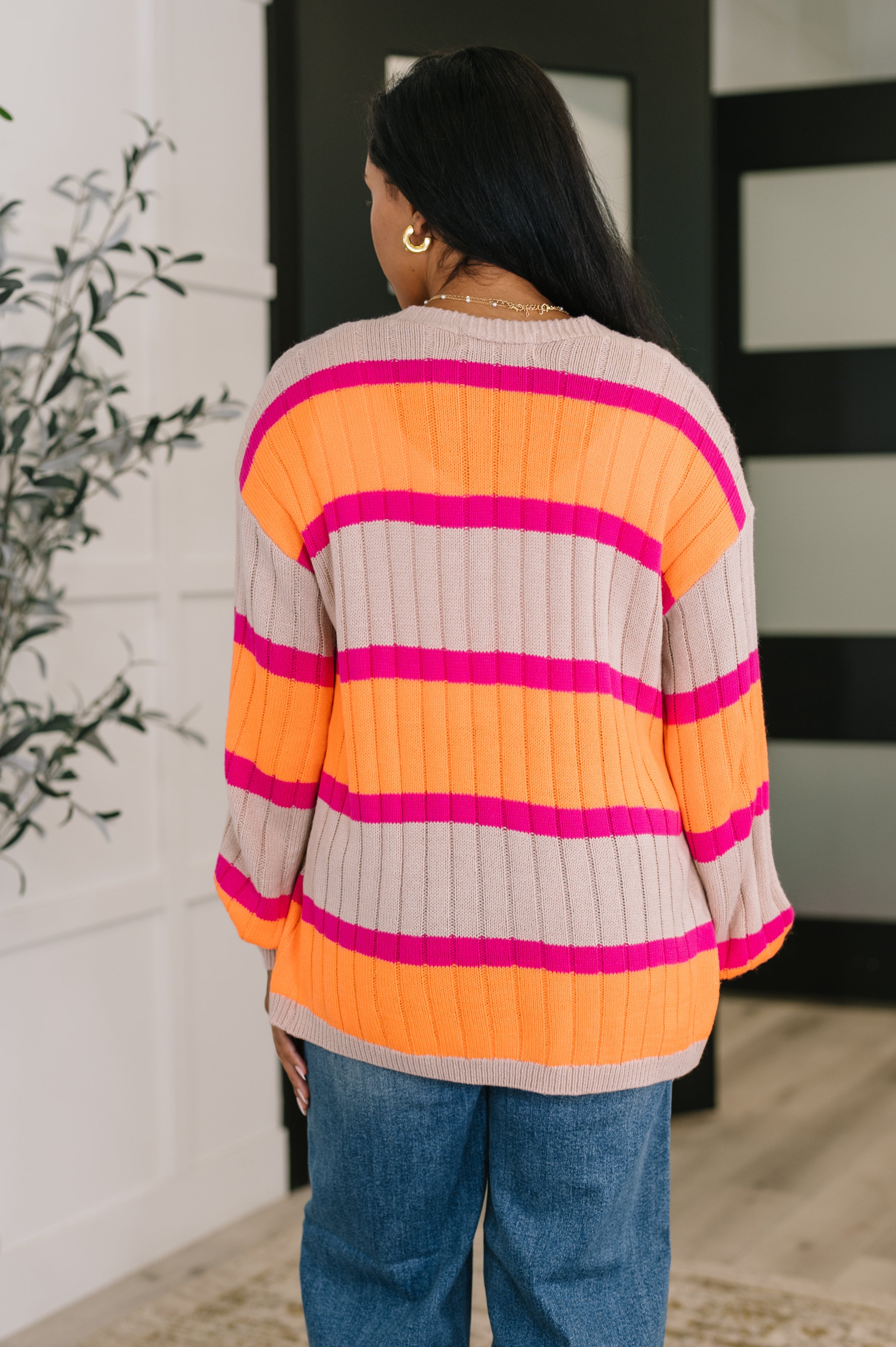 One Eleven North Mocha/Oragne & Pink Your Opinion Matters Striped Cardigan Womens