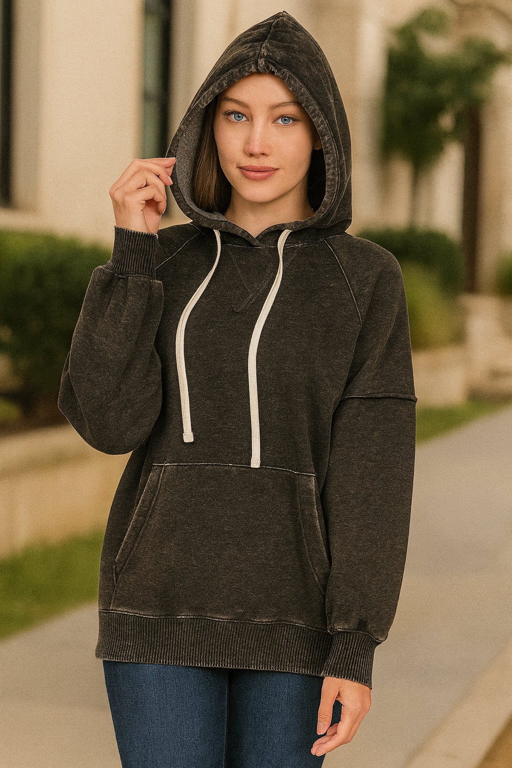Zenana Ash Black Acid Wash Fleece Hoodie with Drawstring ASH BLACK