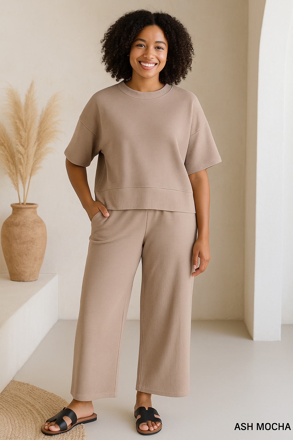 Zenana Ash Mocha Ribbed Round Neck Tee & Pants Set