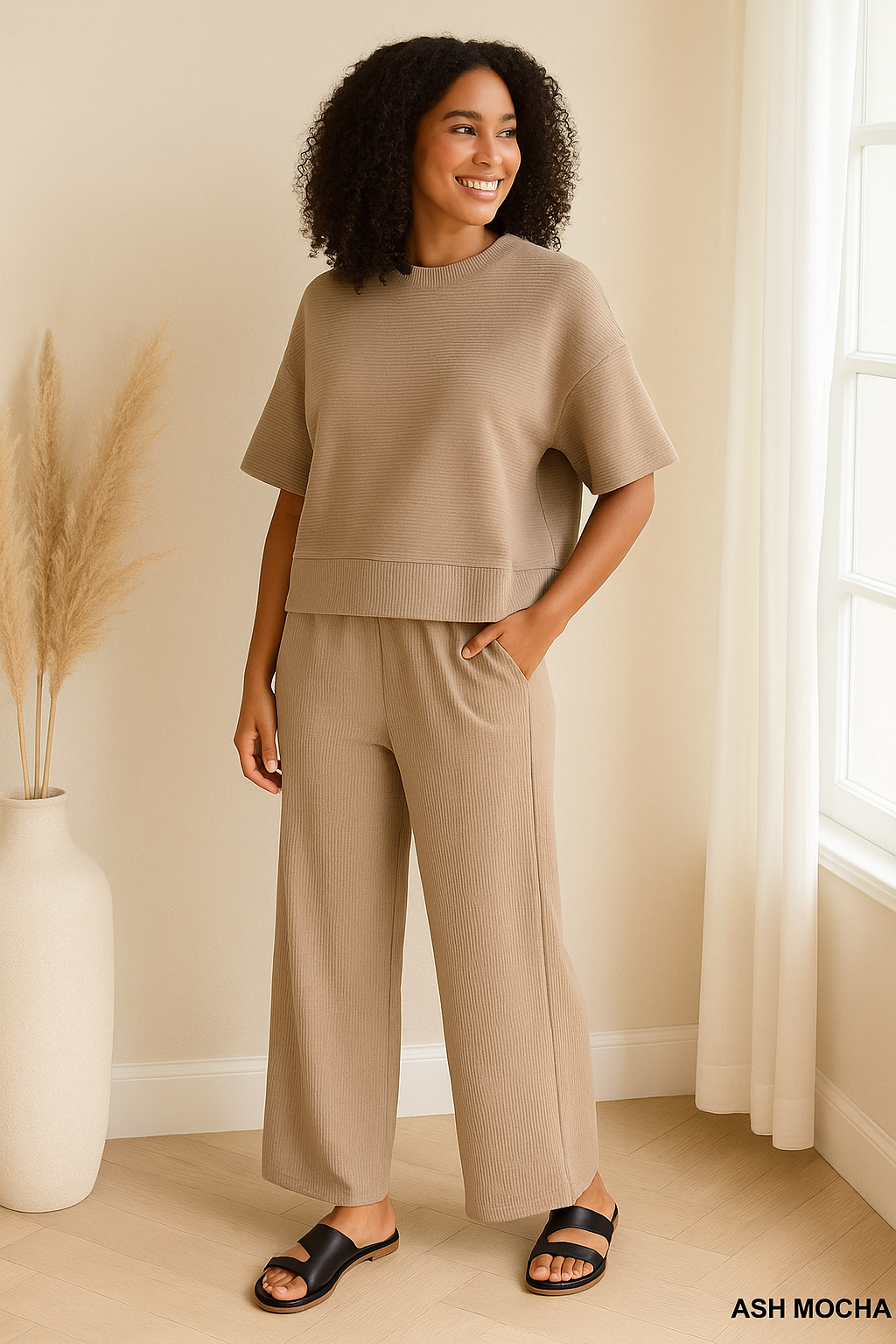 Zenana Ash Mocha Ribbed Round Neck Tee & Pants Set ASH MOCHA