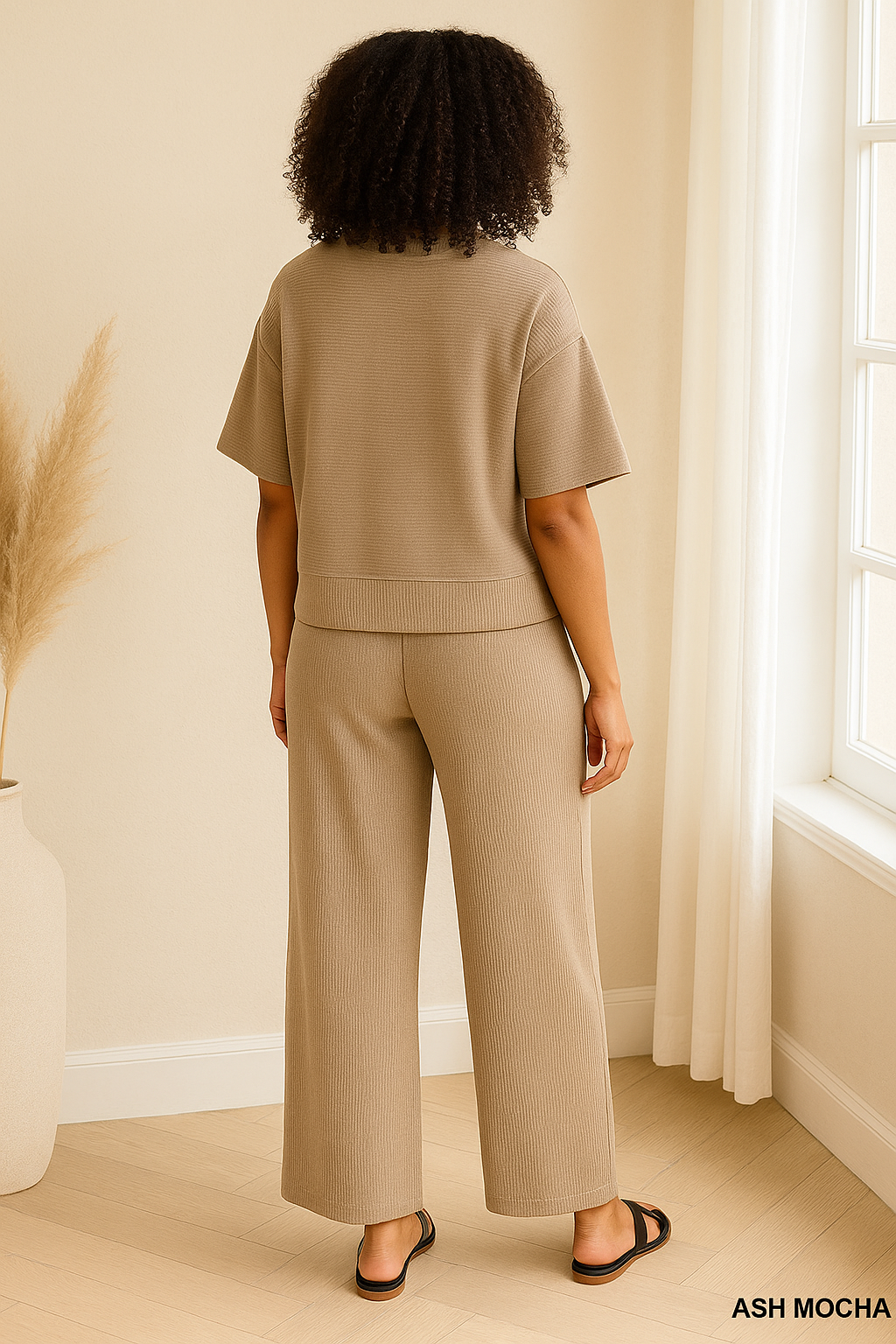 Zenana Ash Mocha Ribbed Round Neck Tee & Pants Set