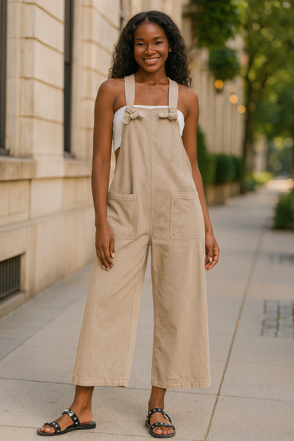 Zenana Ash Mocha Washed Knot Strap Pockets Jumpsuit ASH MOCHA
