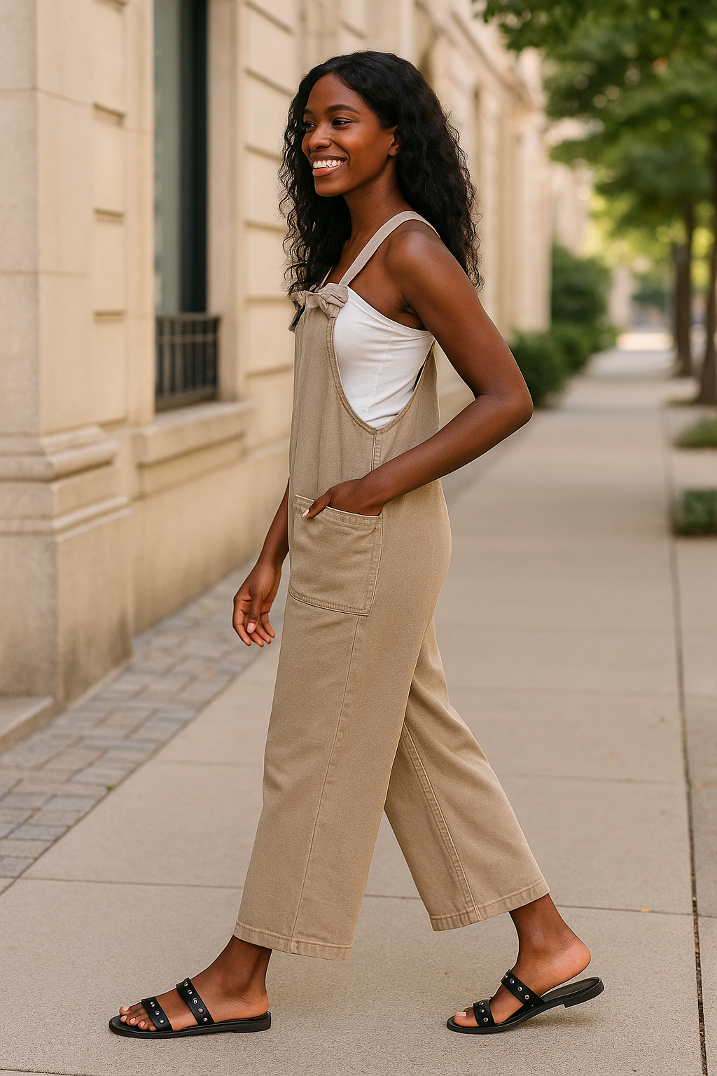 Zenana Ash Mocha Washed Knot Strap Pockets Jumpsuit