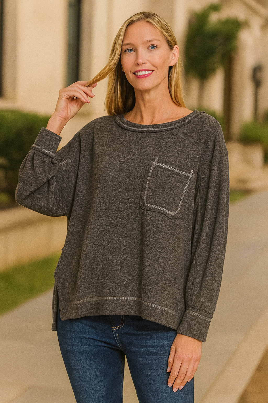 Zenana Black Brushed Hacci Hi-low Round Neck Knit Top BLACK