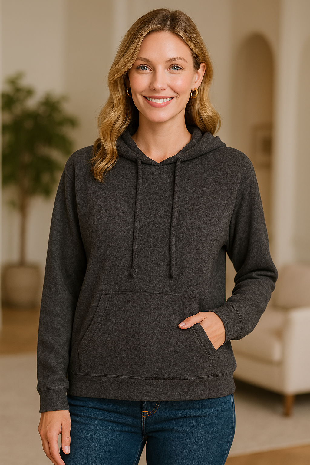 Zenana Black Brushed Hacci Melange Hooded Sweater BLACK