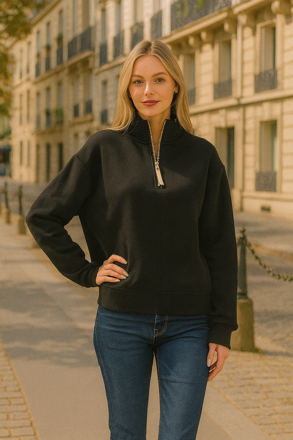 Zenana Black Fleece Half Zip Sweatshirt BLACK