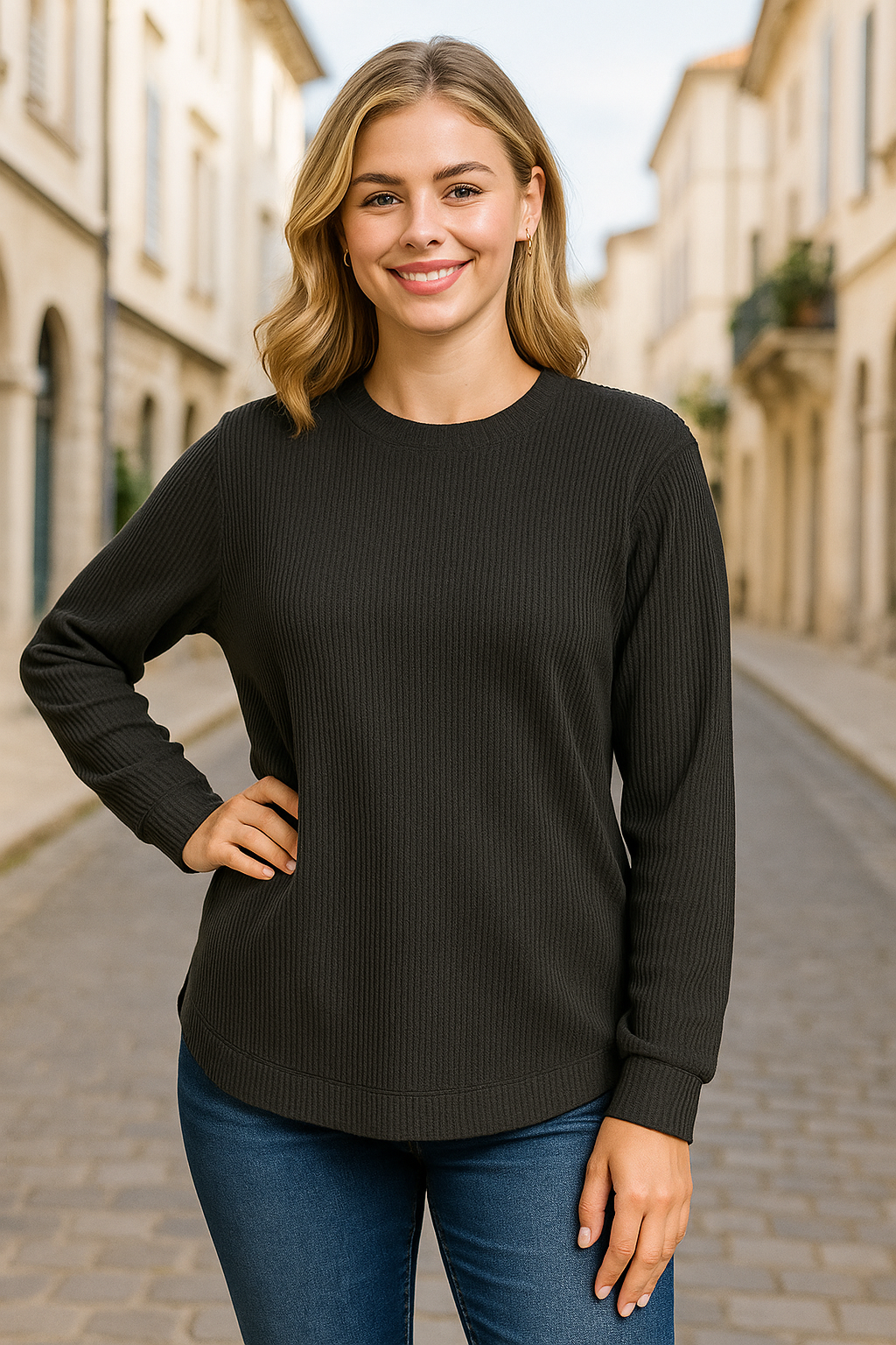 Zenana Black Raised Rib Round Neck Long Sleeve Top BLACK