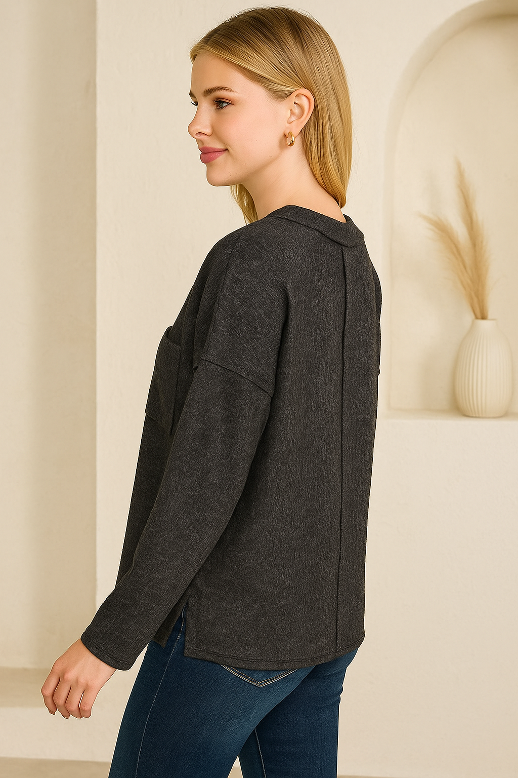 Zenana Black Ribbed Brushed Melange Hacci Sweater with Chest Pocket