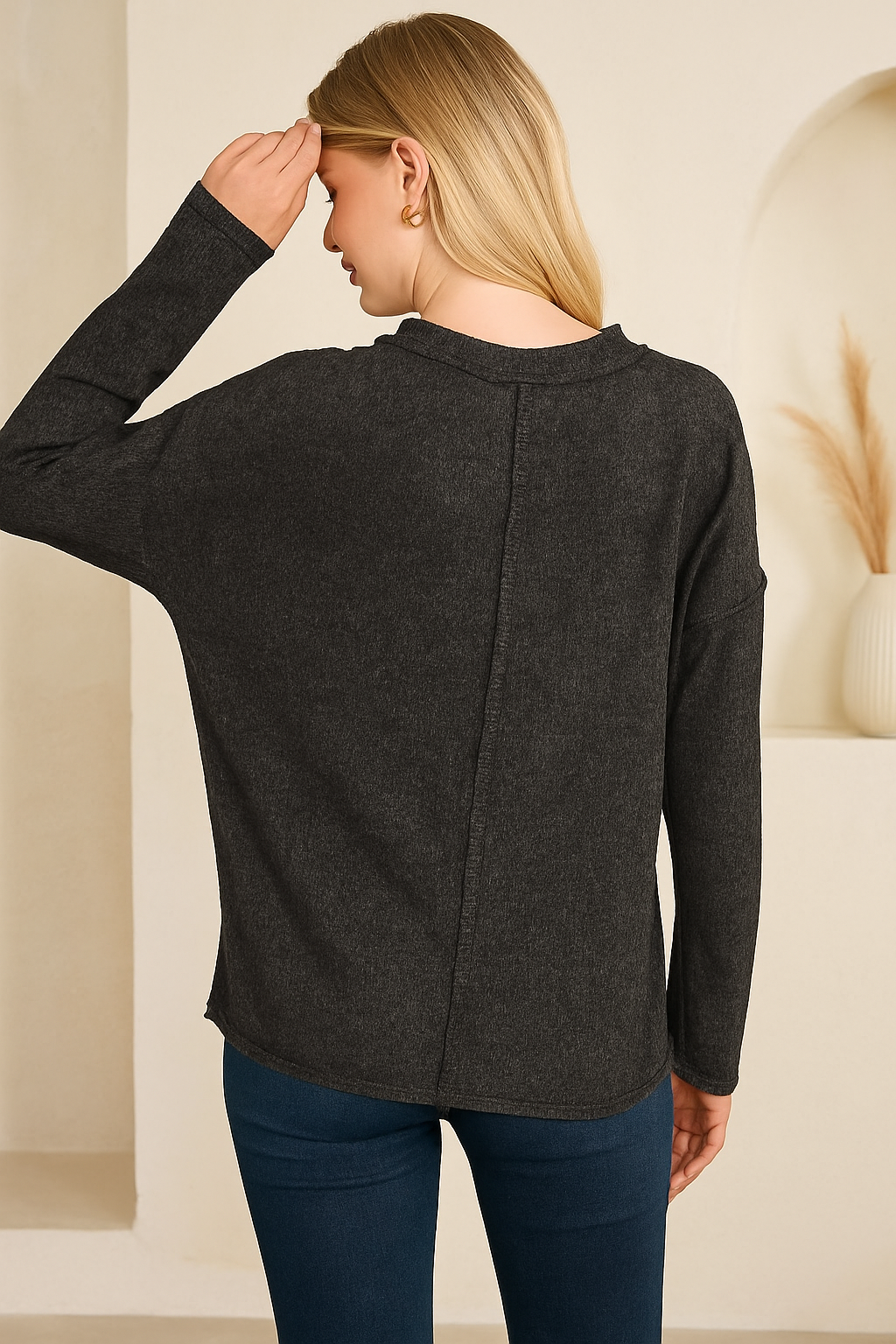 Zenana Black Ribbed Brushed Melange Hacci Sweater with Chest Pocket