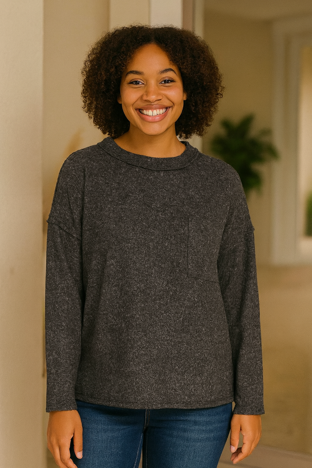 Zenana Black Ribbed Brushed Melange Hacci Sweater with Chest Pocket BLACK