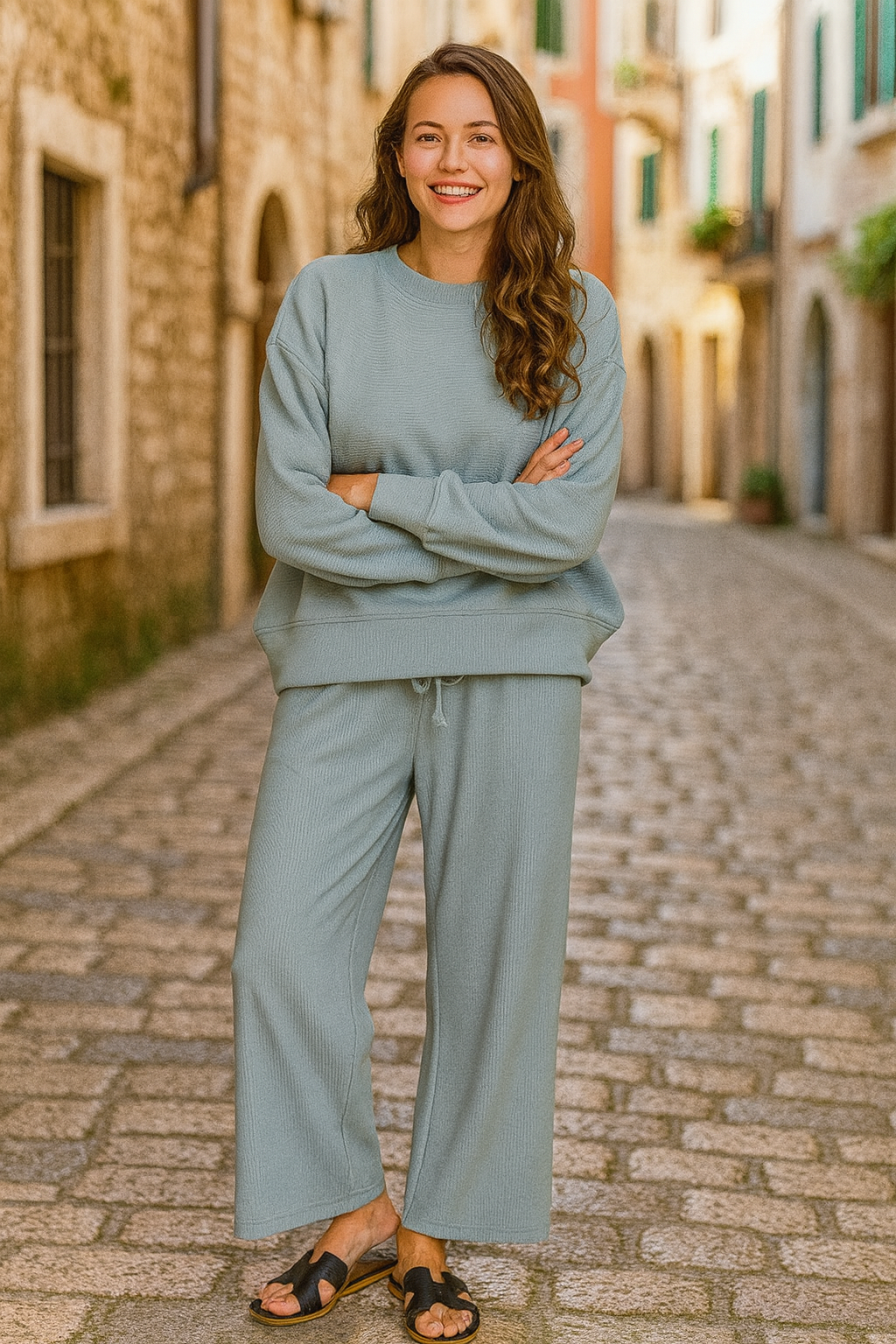 Zenana Blue Gray Ribbed Round Neck Pullover and Drawstring Pants Set BLUE GREY