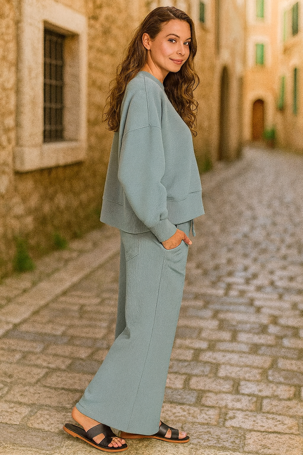 Zenana Blue Gray Ribbed Round Neck Pullover and Drawstring Pants Set