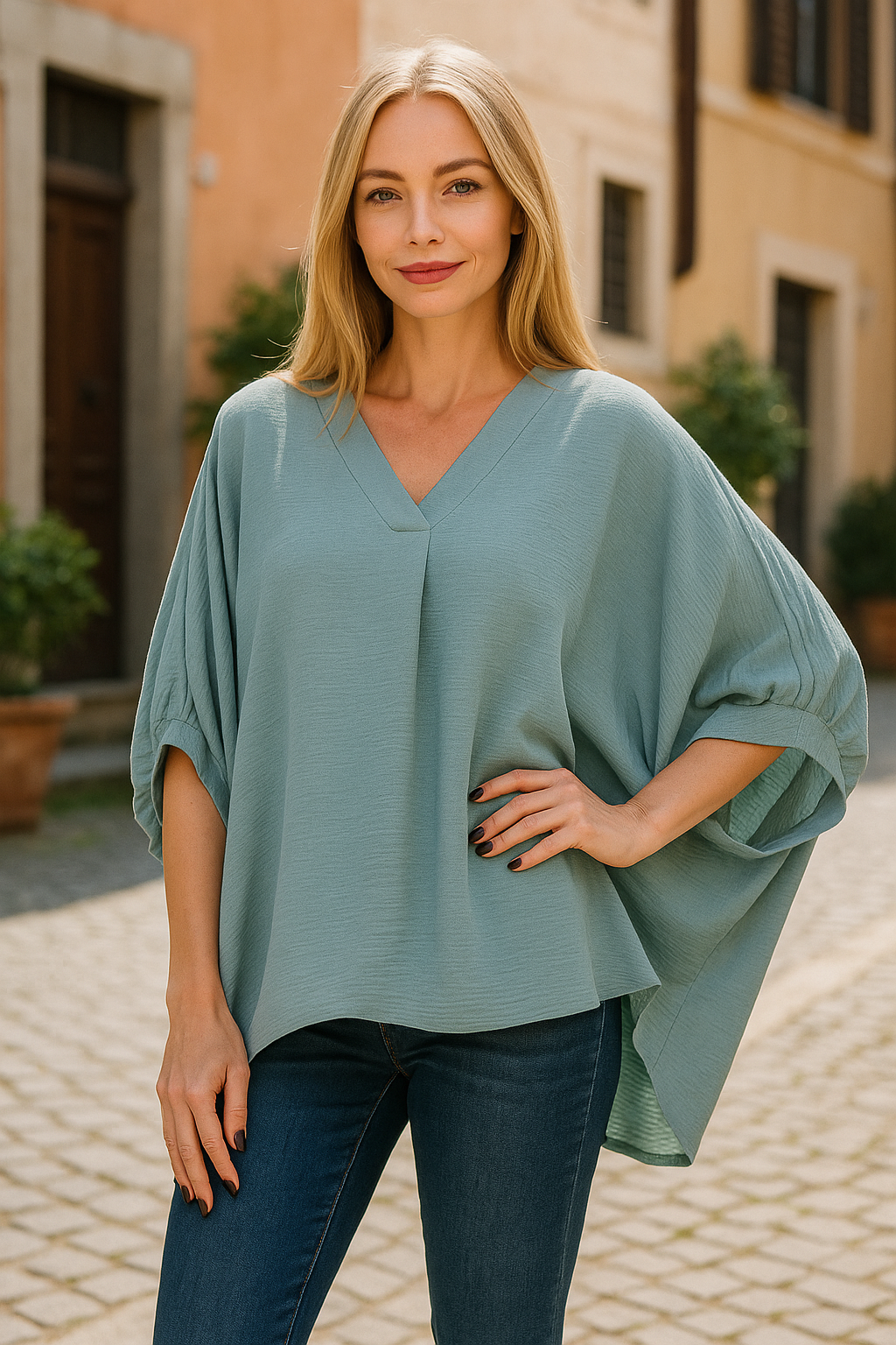 Zenana Blue Gray Woven Airflow V-neck Puff Half Sleeve Top BLUE GREY