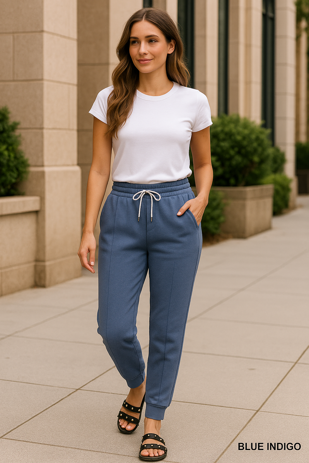 Zenana Blue Indigo Center Seam Scuba Jogger Sweatpants with Pockets BLUE INDIGO