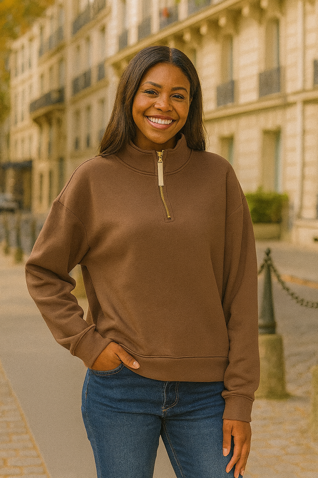 Zenana Brown Fleece Half Zip Sweatshirt BROWN