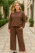 Zenana Brown Ribbed Round Neck Pullover and Drawstring Pants Set