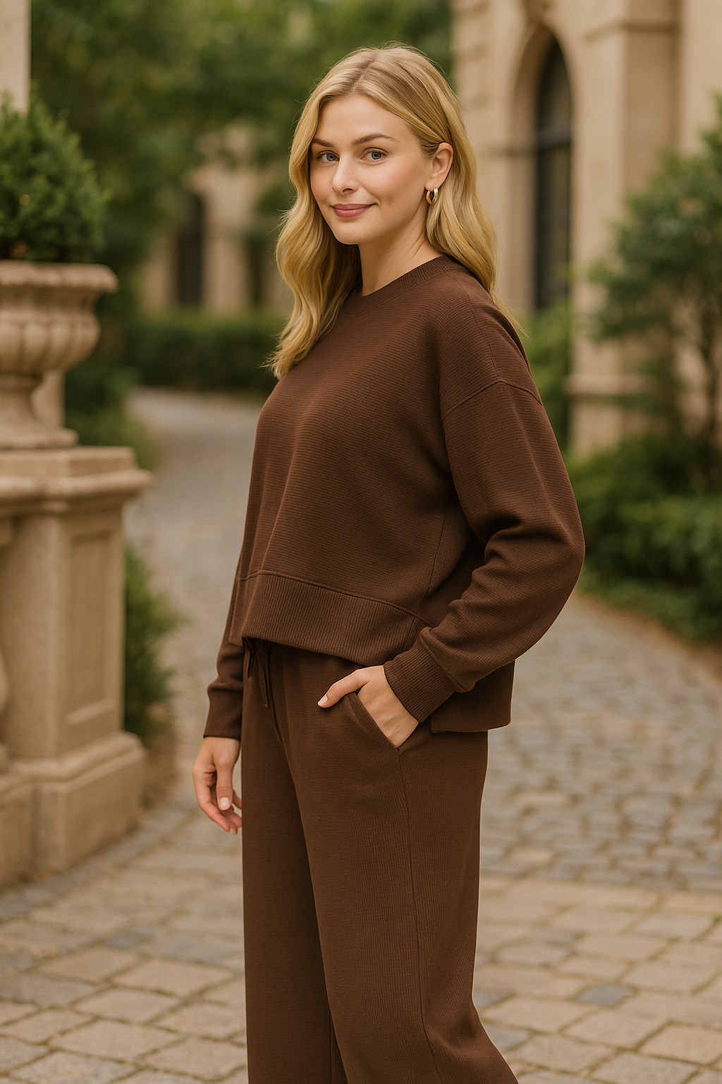 Zenana Brown Ribbed Round Neck Pullover and Drawstring Pants Set BROWN