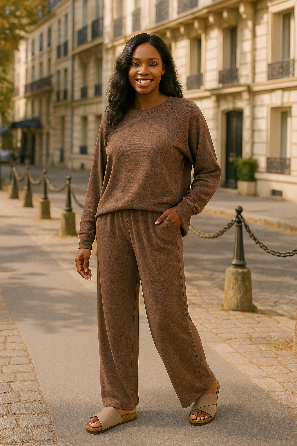 Zenana Brown Slub Long Sleeve Top and Pants Lounge Set BROWN