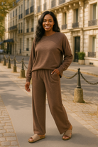 Zenana Brown Slub Long Sleeve Top and Pants Lounge Set BROWN