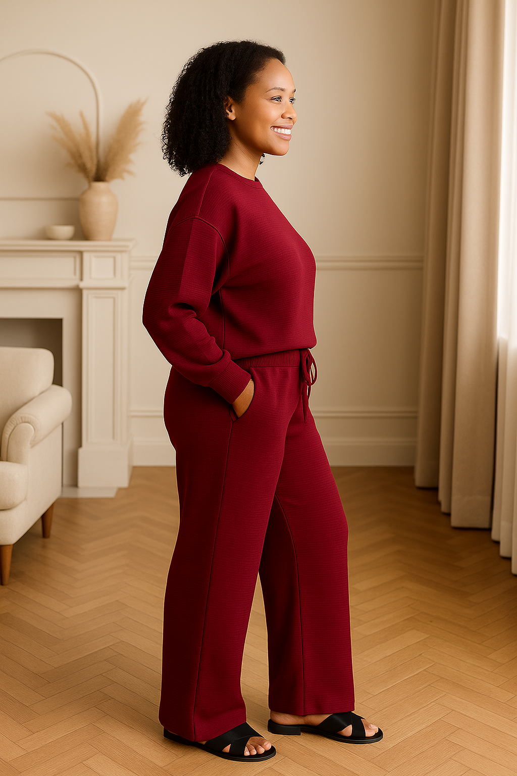 Zenana Cabernet Ribbed Round Neck Pullover and Drawstring Pants Set