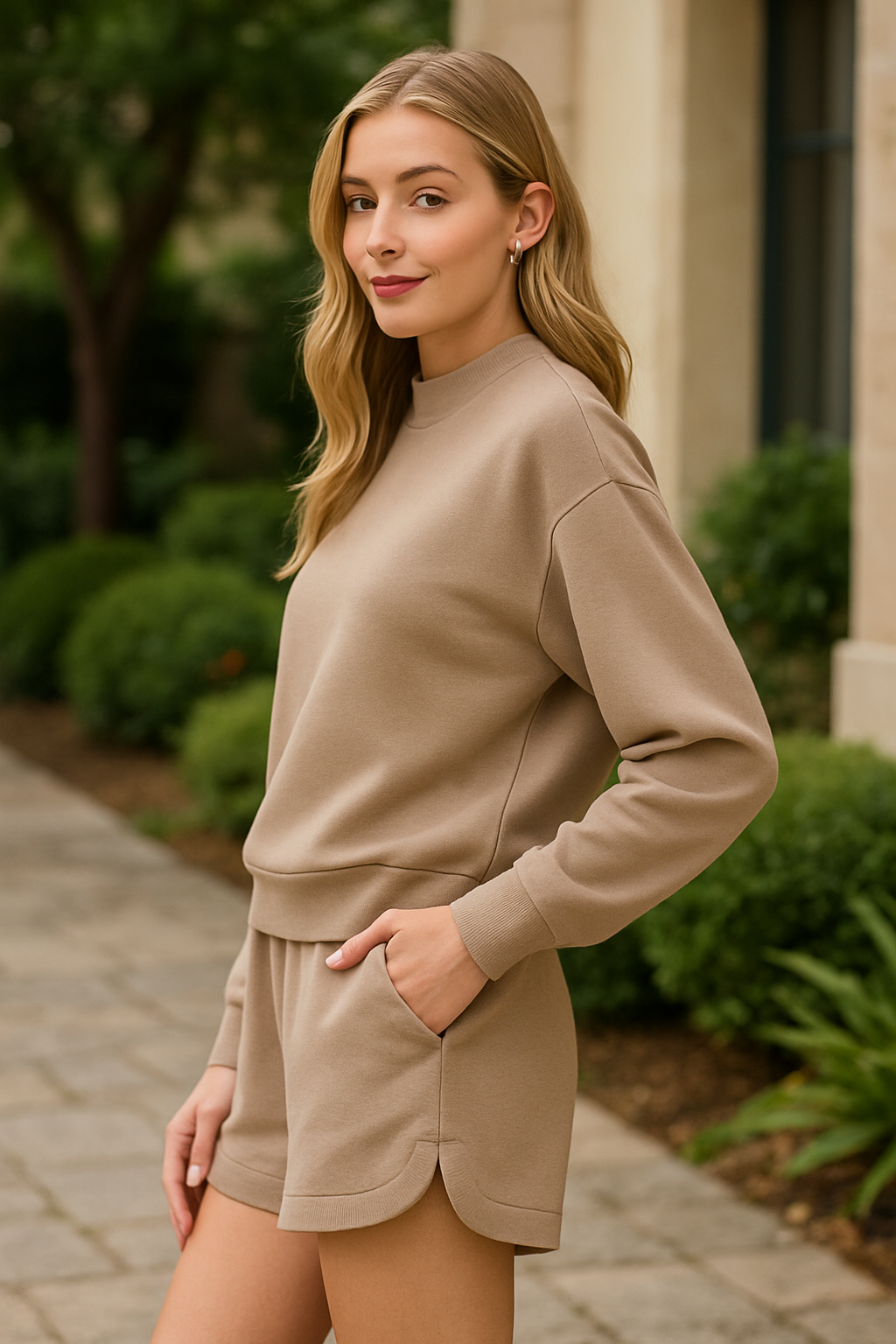 Zenana Cocoa Scuba Long Sleeve Sweatshirt and Shorts Set COCOA