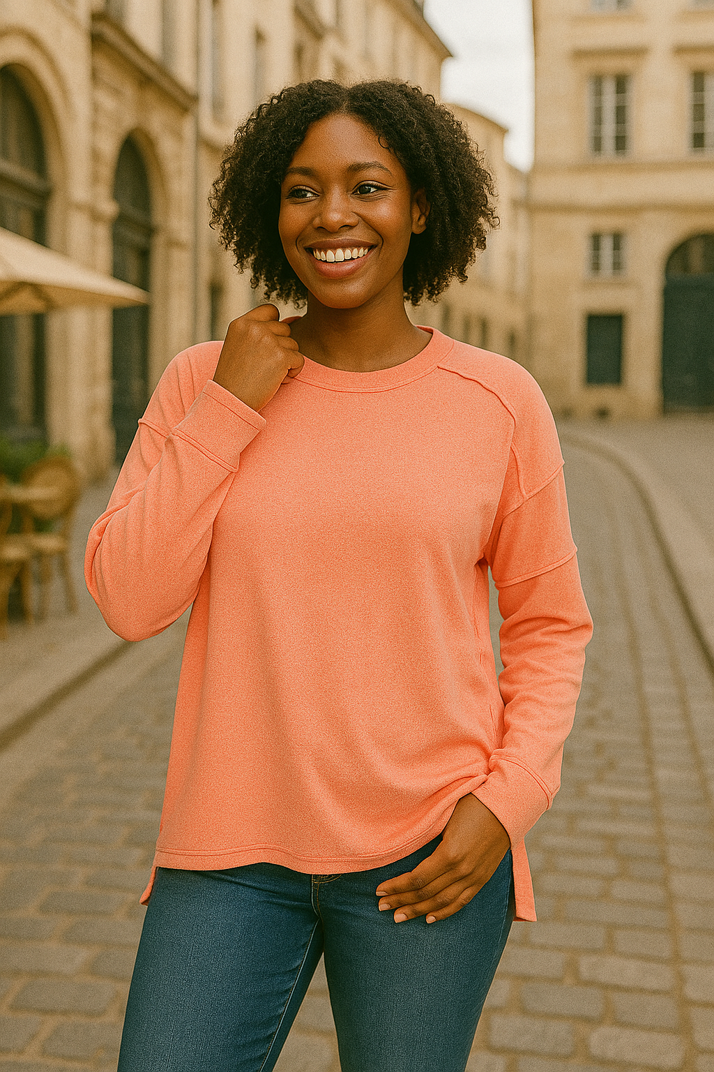 Zenana Coral Melange Hacci Exposed Seam Hi-low Top CORAL