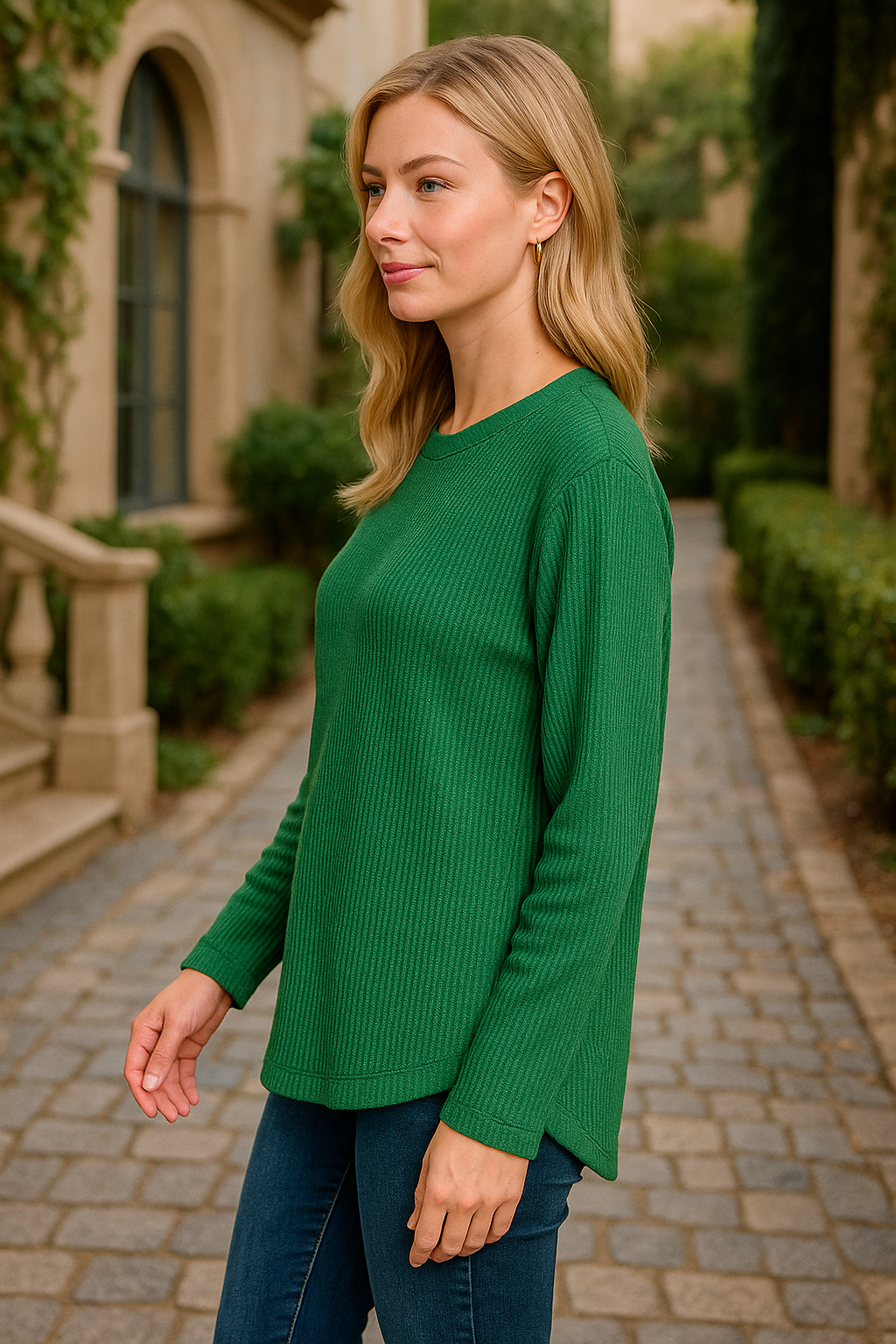 Zenana Dark Green Raised Rib Round Neck Long Sleeve Top