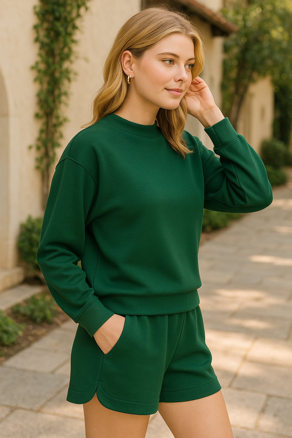 Zenana Dark Green Scuba Long Sleeve Sweatshirt and Shorts Set DK GREEN
