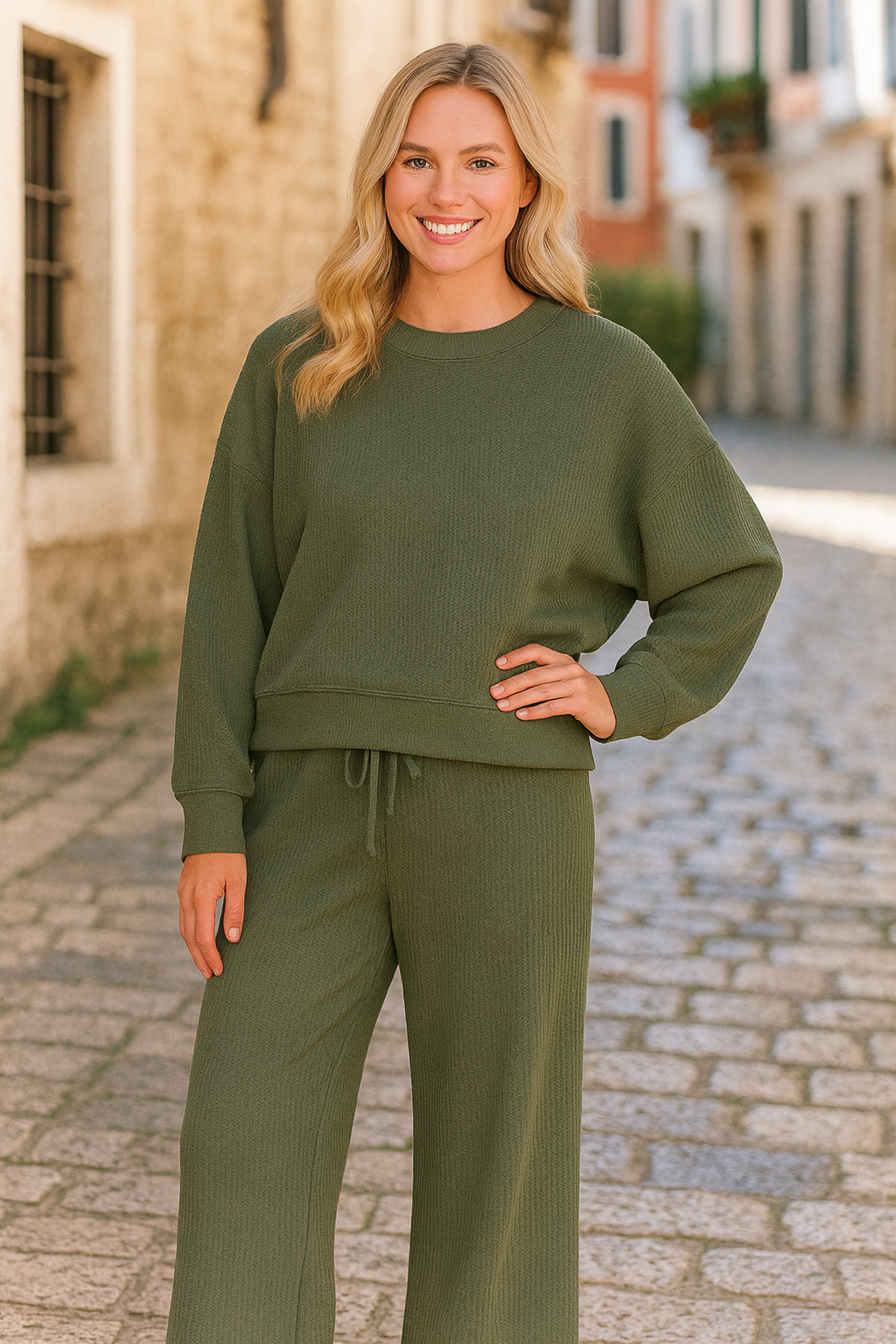 Zenana Dark Olive Ribbed Round Neck Pullover and Drawstring Pants Set DK OLIVE