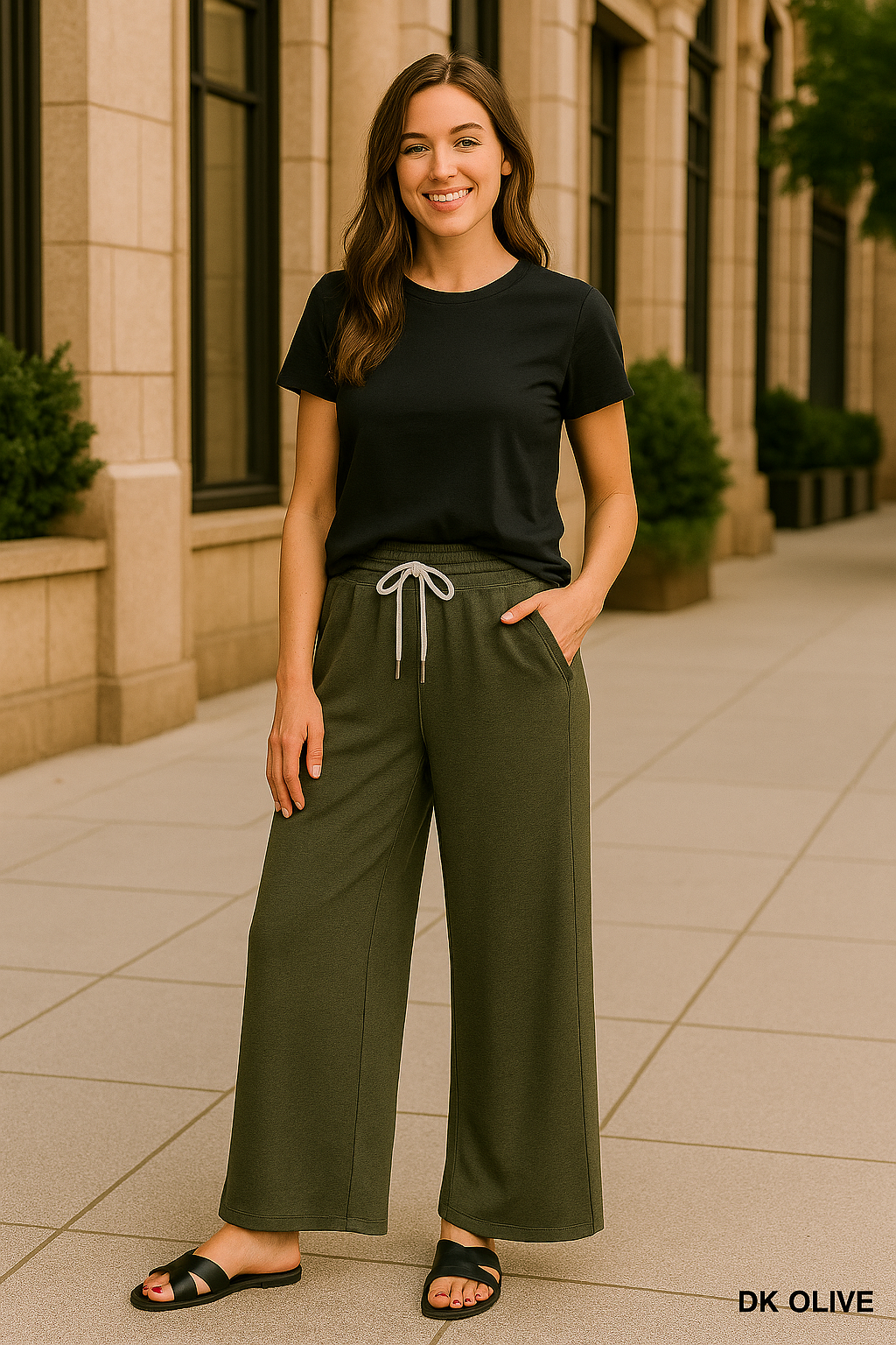 Zenana Dark Olive Scuba Drawstring Wide Leg Pants DK OLIVE