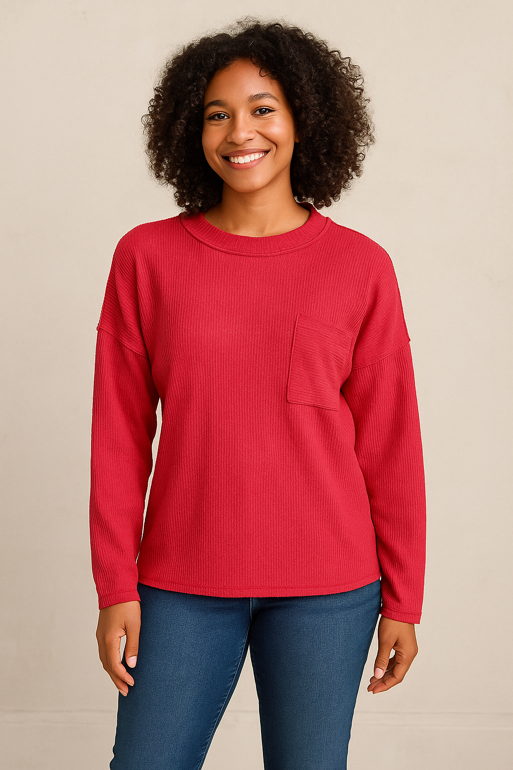 Zenana Dark Red Ribbed Brushed Melange Hacci Sweater with Chest Pocket DK RED