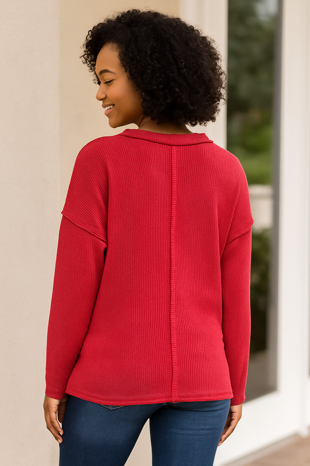 Zenana Dark Red Ribbed Brushed Melange Hacci Sweater with Chest Pocket